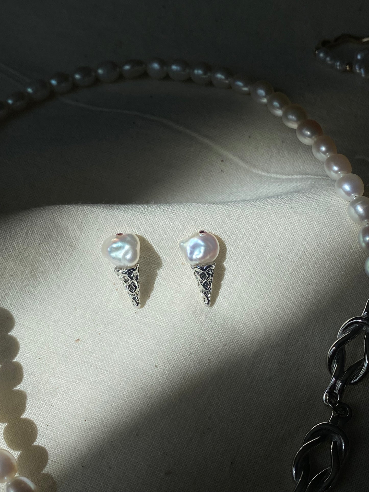 Petal Baroque Pearl Ice Cream Cone stud Earrings, Handmade Fun Statement Jewelry Summer Gift, Cute & Whimsical Jewelry Gift for her