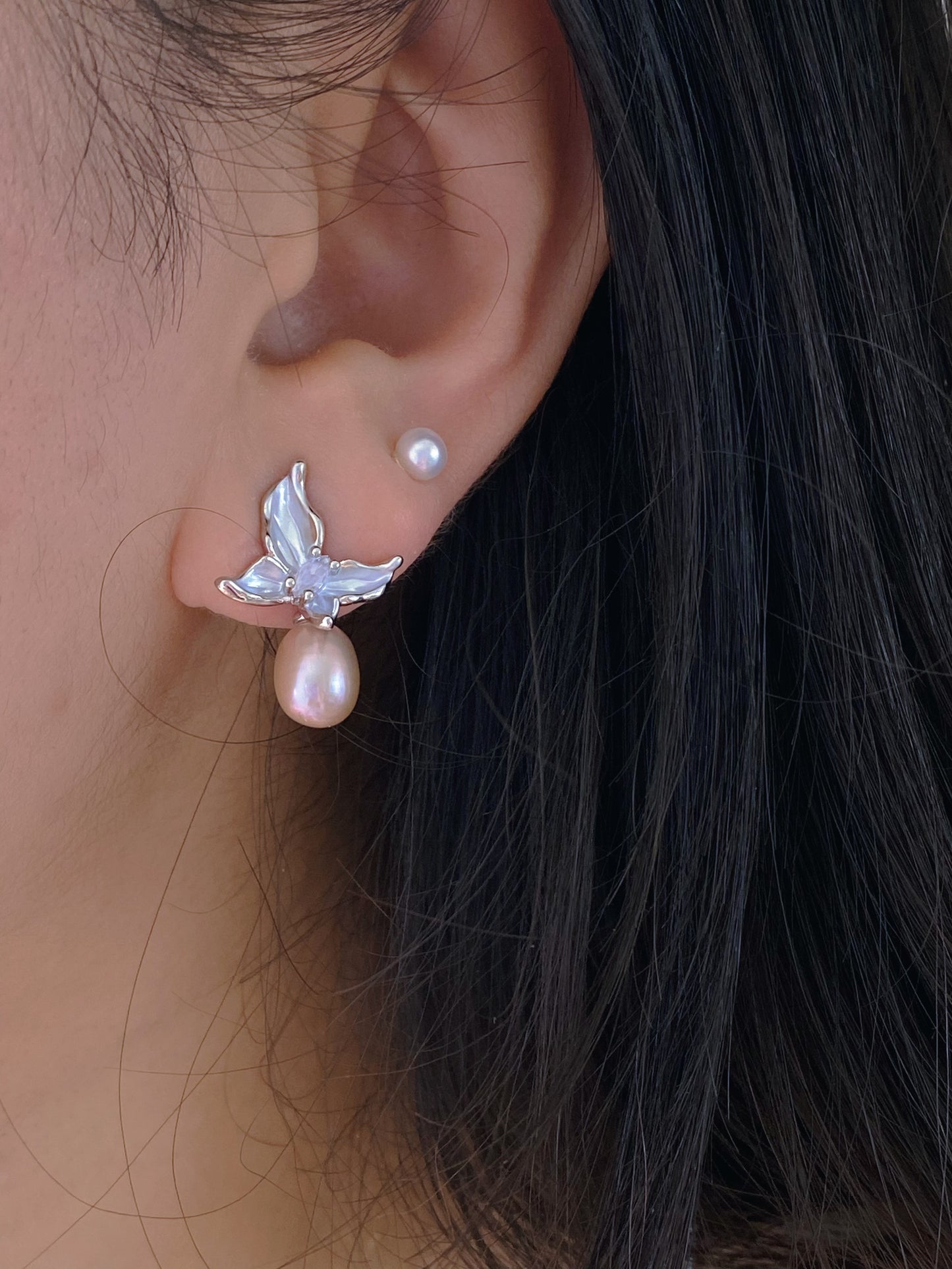 Handmade Dainty Butterfly Enamel Pearl Earrings Pink Drop Pearl Earrings Elegant Butterfly Studs Bridesmaid Gift for Her mothers day gift