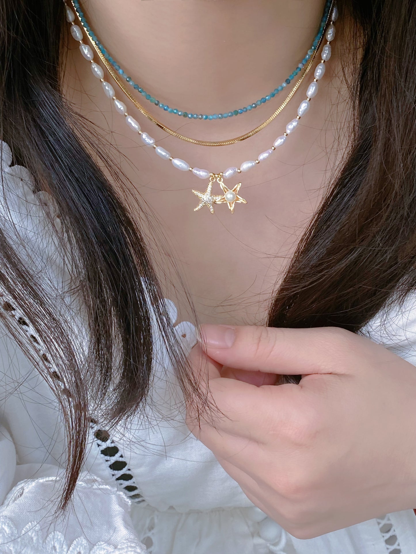 Minimalist Baroque Keshi Pearl Gold Bead Starfish Necklace High Luster Dainty Pearl Layering beach Necklace Bridesmaid Gift for her