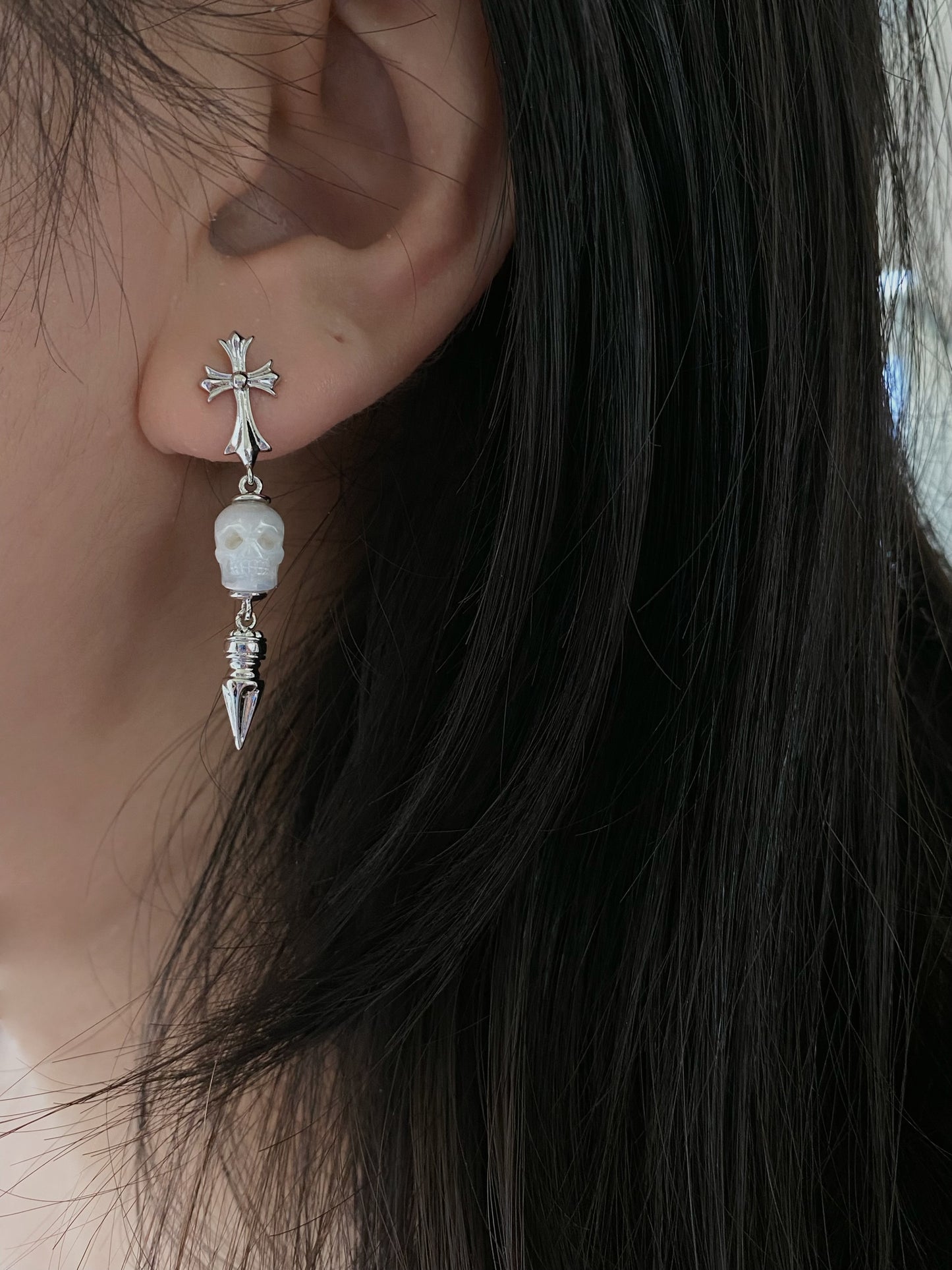 Hand-Carved Skull Pearl Cross Drop Earrings Gothic Pearl Spike Earrings Everyday Edge Halloween Bold Dard Limited edition gift for him