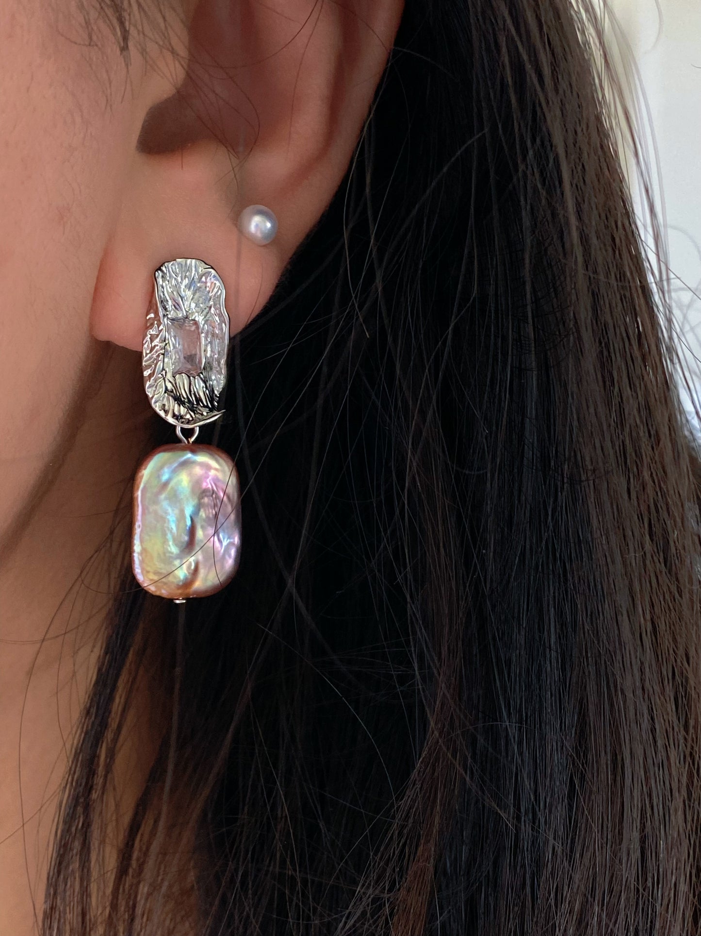 Asymmetrical Baroque Pearl Earrings Iridescent Rectangle Pearls Textured Silver Studs Minimalist Statement earring gift for her