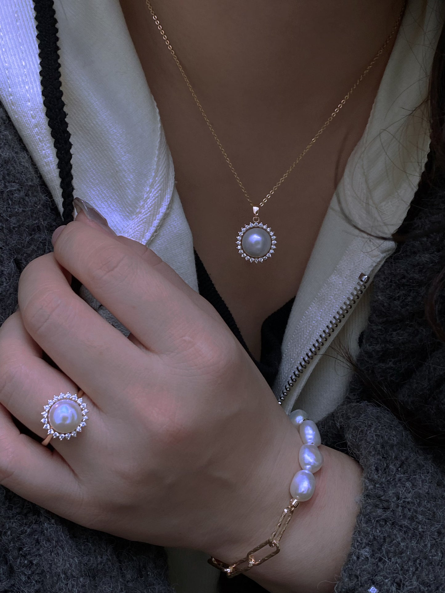Sun-Inspired Pearl Jewelry Set - Valentine’s Day & Mother’s Day Gift | Necklace, Earrings, and Ring for Timeless Love handmade gift for her