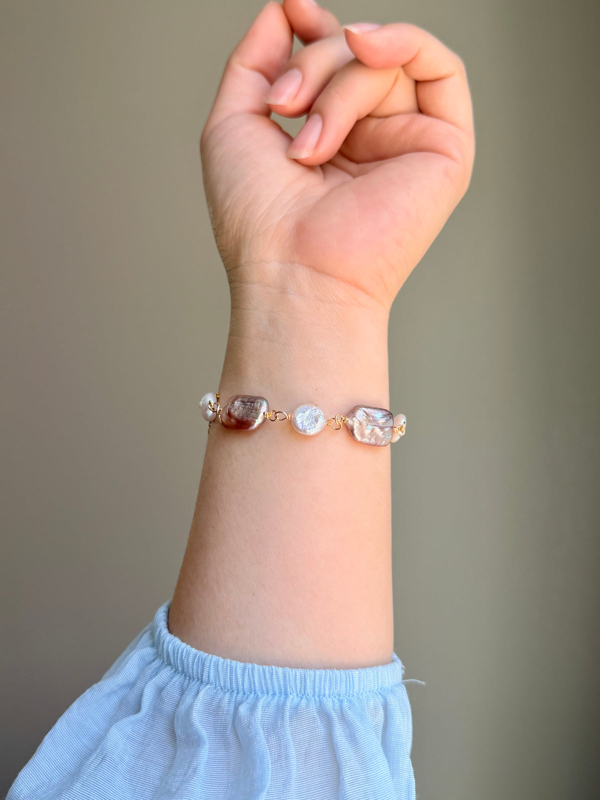 Mauve Rectangular & Coin Freshwater Pearls, Magnetic Clasp Bracelet