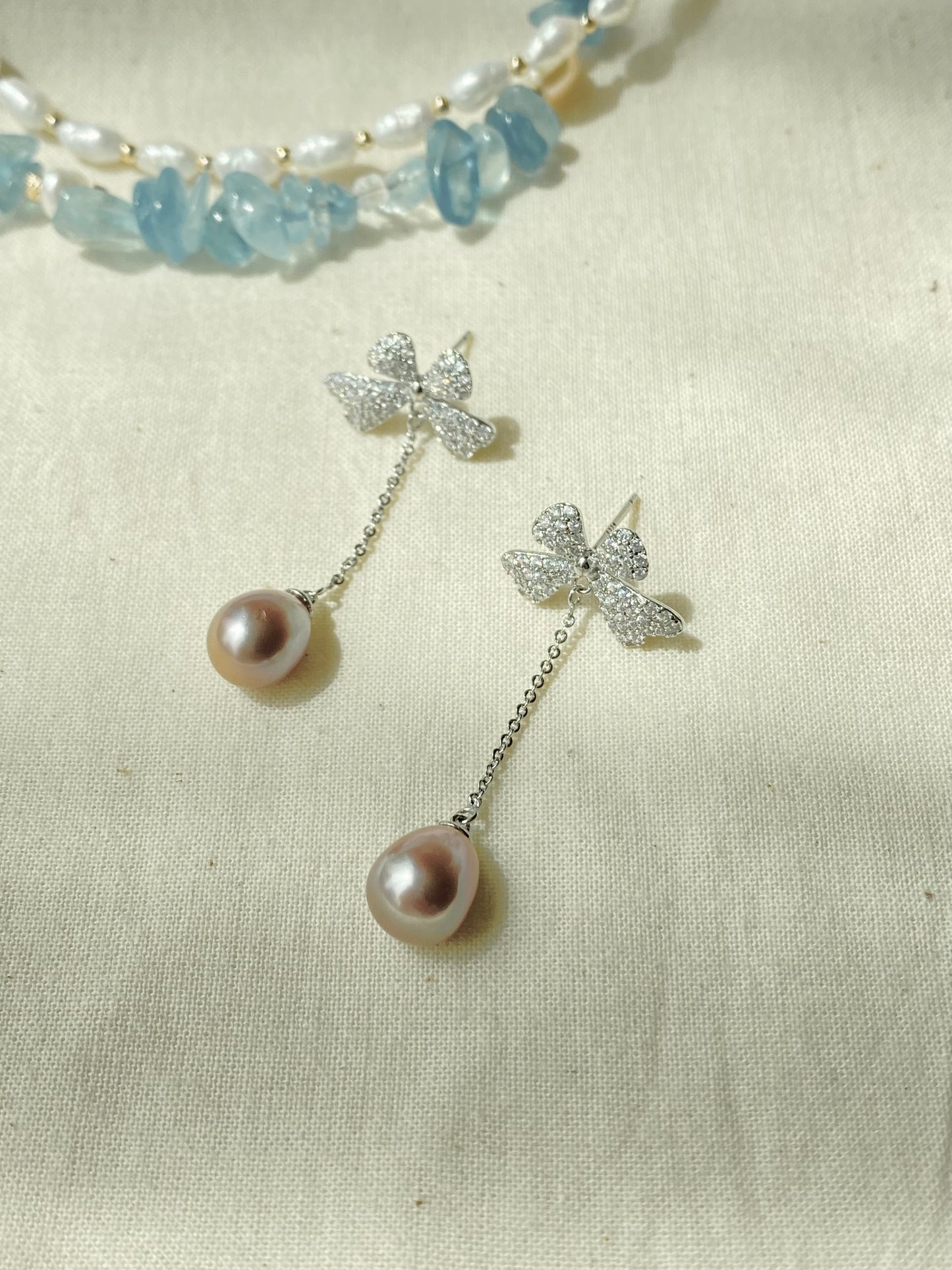 Sparkling Bow Pearl Drop Earrings Purple pink water drop Dangle Earrings | Romantic Wedding Jewelry Bridesmaid Gift Dainty Gift for Her