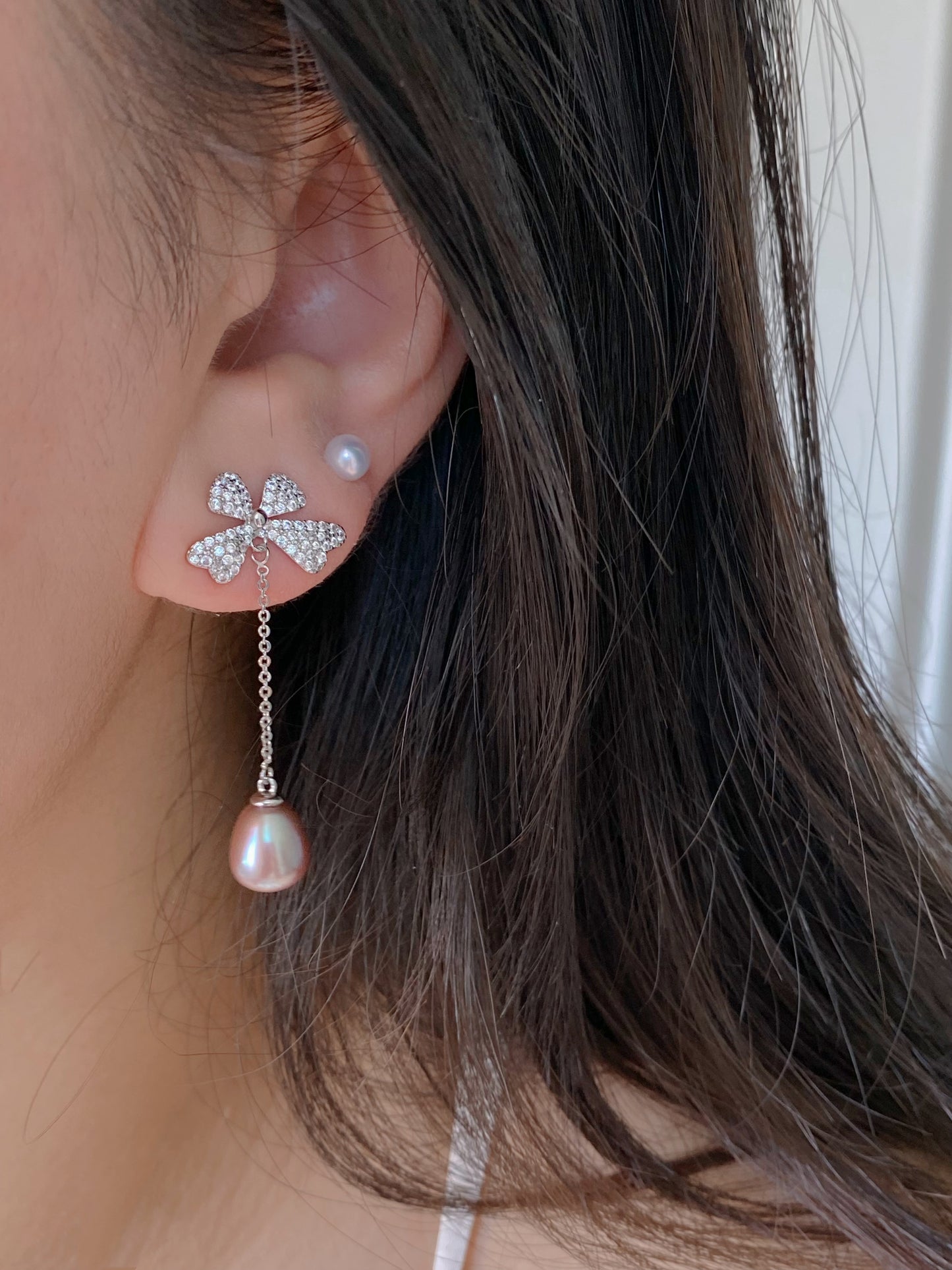 Sparkling Bow Pearl Drop Earrings Purple pink water drop Dangle Earrings | Romantic Wedding Jewelry Bridesmaid Gift Dainty Gift for Her