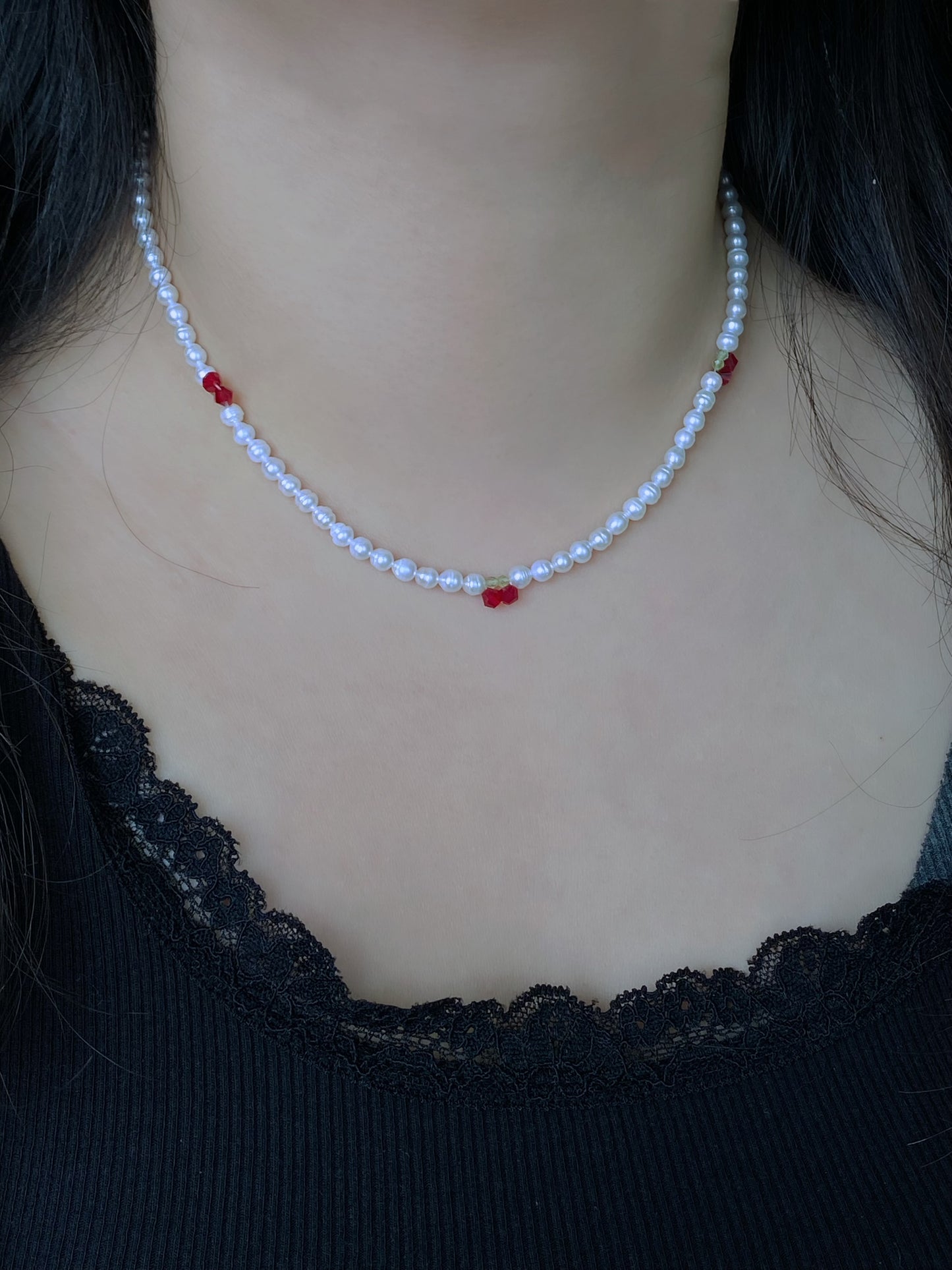 Cherry Pearl Necklace, Freshwater Pearl Choker, Handmade Fruit Jewelry, Dainty Pearl Ring, Summer Pearl Necklace, Cute Jewelry Gift for her