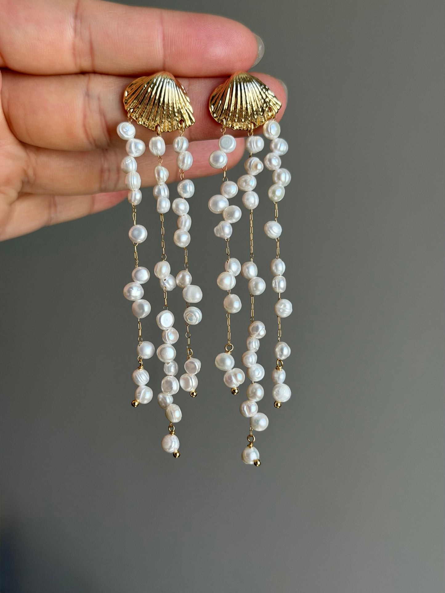 Ocean Breeze 14K Gold filled Shell baroque Keshi pearl tassel long Earring