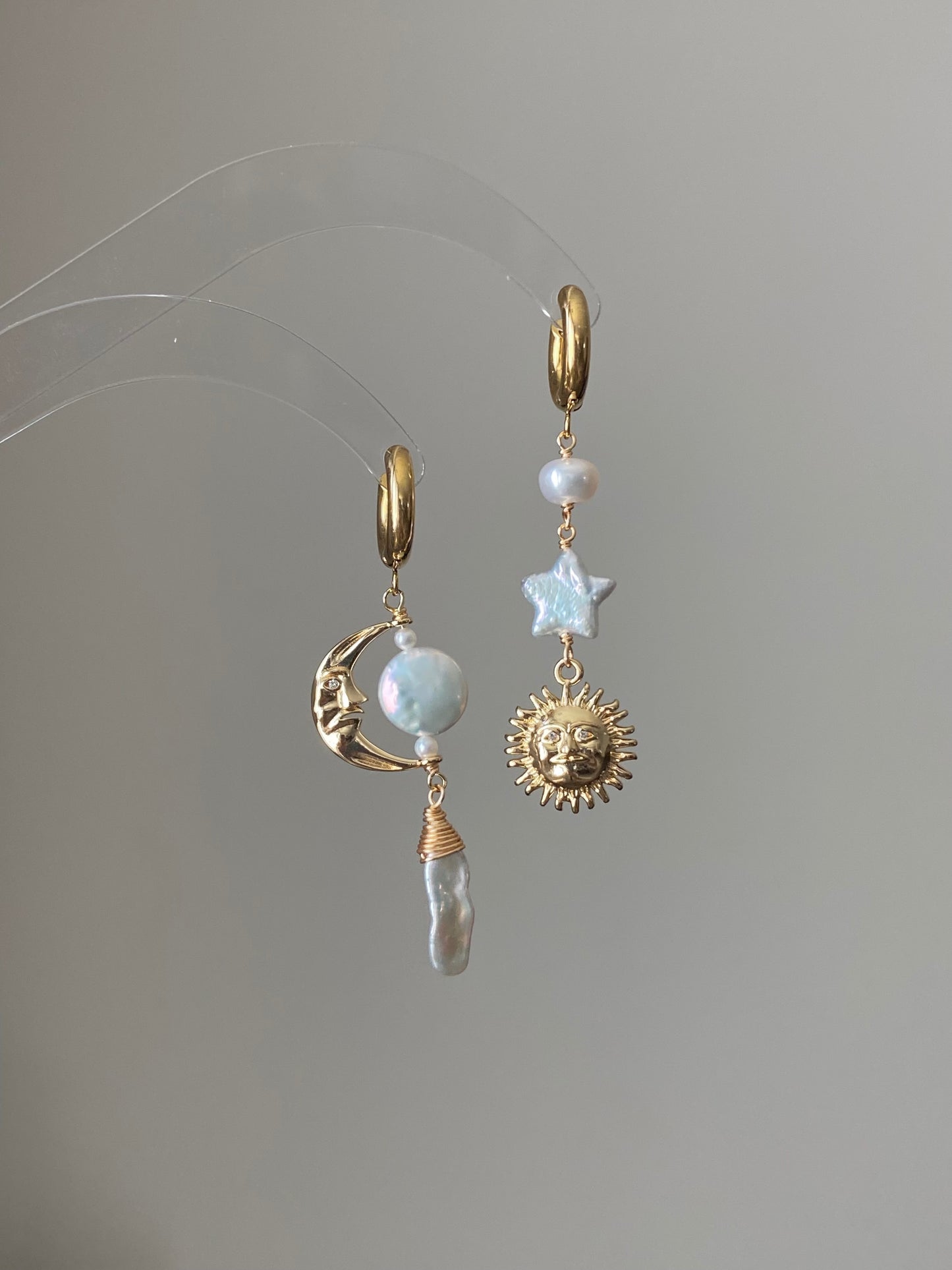 Sun Moon Baroque Pearl Asymmetrical Earrings Freshwater Pearl Earrings Celestial Jewelry Handmade Fairycore Bridesmaid Gift for Her