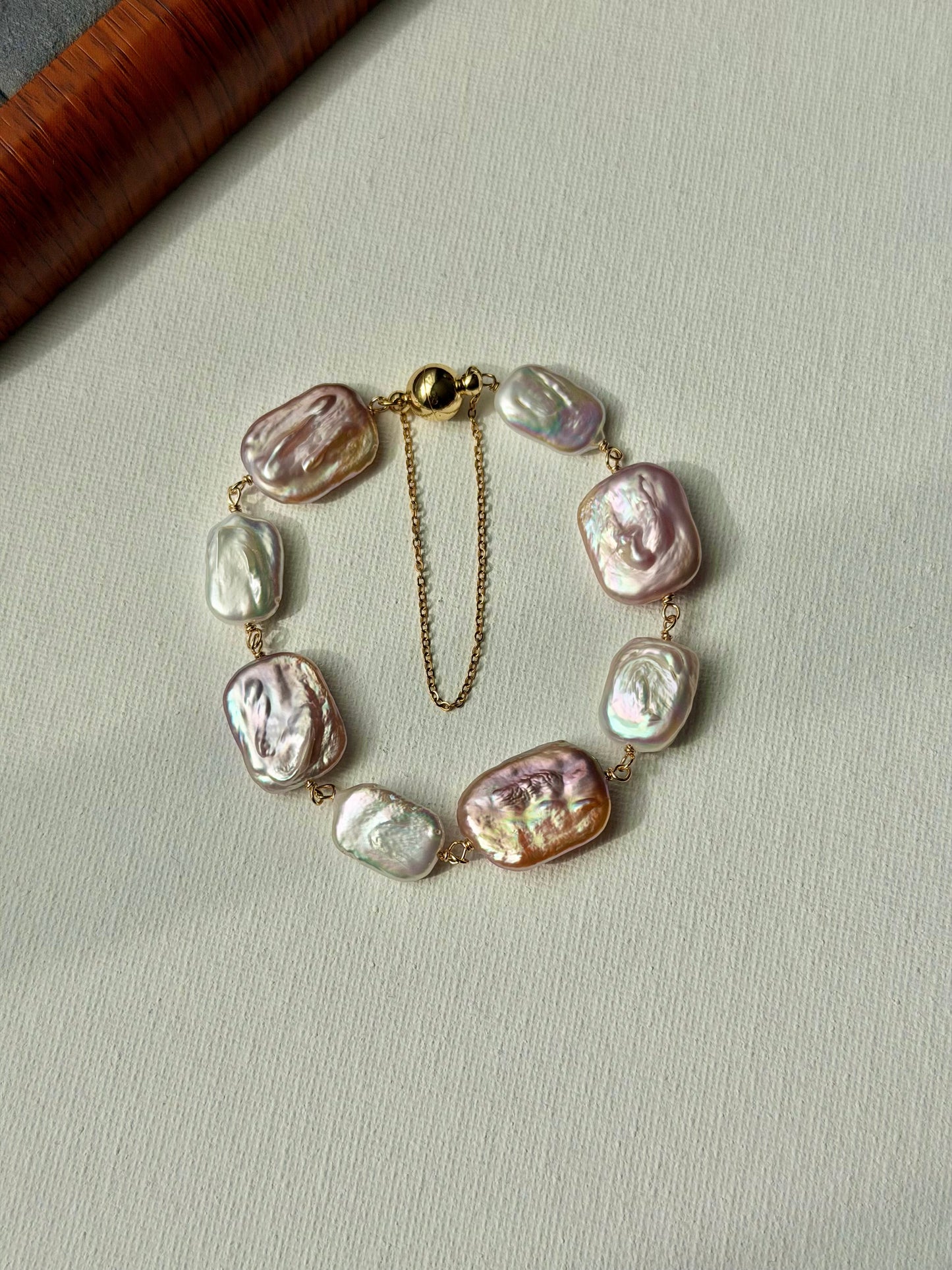 Baroque Pearl Magnetic Clasp Bracelet with Safety Chain – Natural Iridescent Freshwater Pearls, Gold Filled, Handmade Elegant Gift for Her
