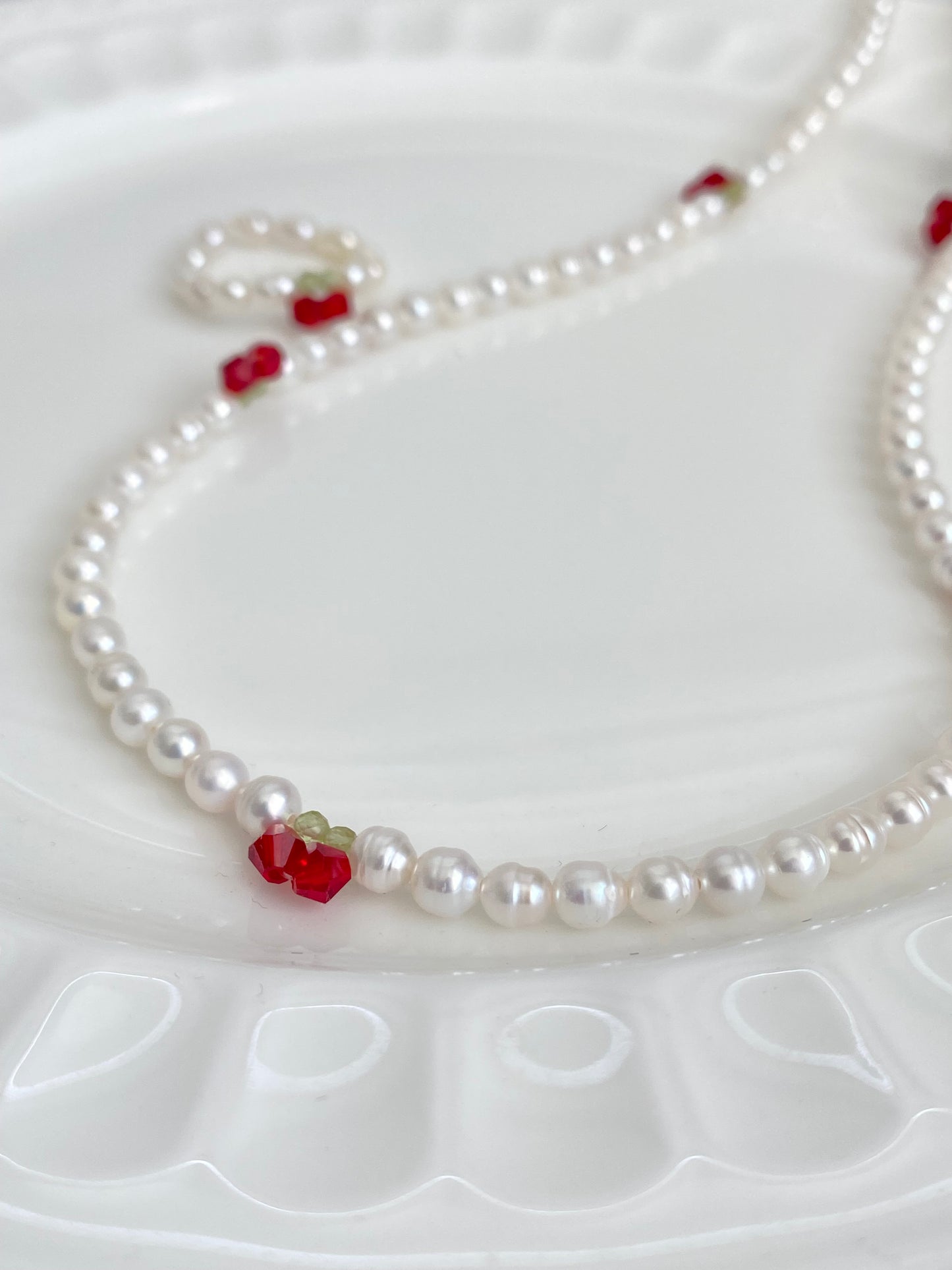 Cherry Pearl Necklace, Freshwater Pearl Choker, Handmade Fruit Jewelry, Dainty Pearl Ring, Summer Pearl Necklace, Cute Jewelry Gift for her