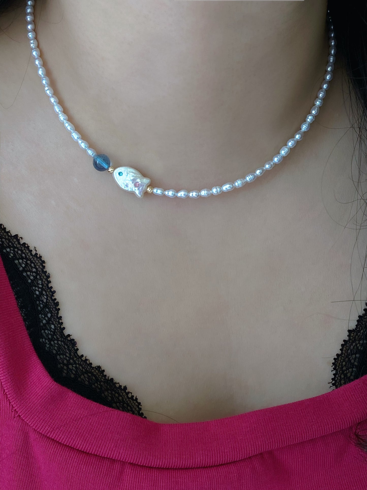 Handmade Baroque Fish Pearl Bead Chocker Necklace Freshwater Pearl and Aquamarine Ocean Blue Necklace Bridesmaid Gift for Her birthday gift