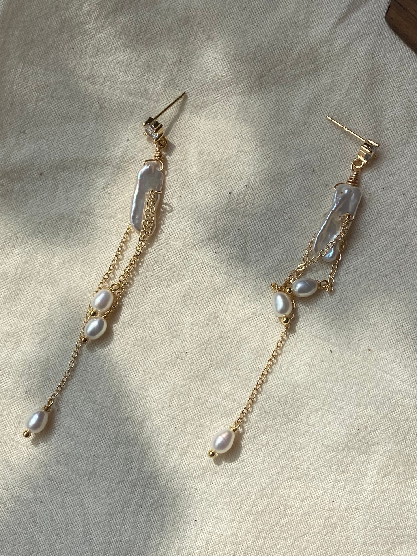 Freshwater Pearl Tassel Earrings, Long Baroque Pearl Dangle Earrings, Gold Chain Bridal Earrings, Elegant Drop Dainty Earrings gift for her