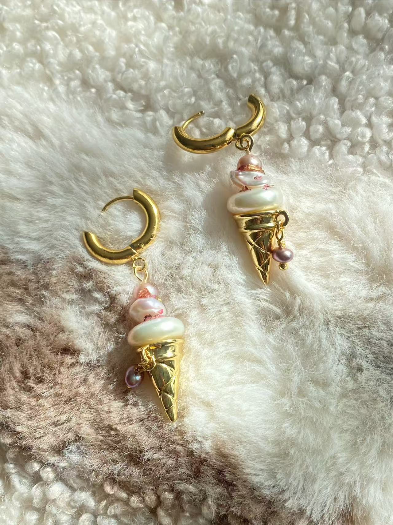 Ice Cream Pearl Drop Earrings Whimsical Gold Huggie Jewelry
