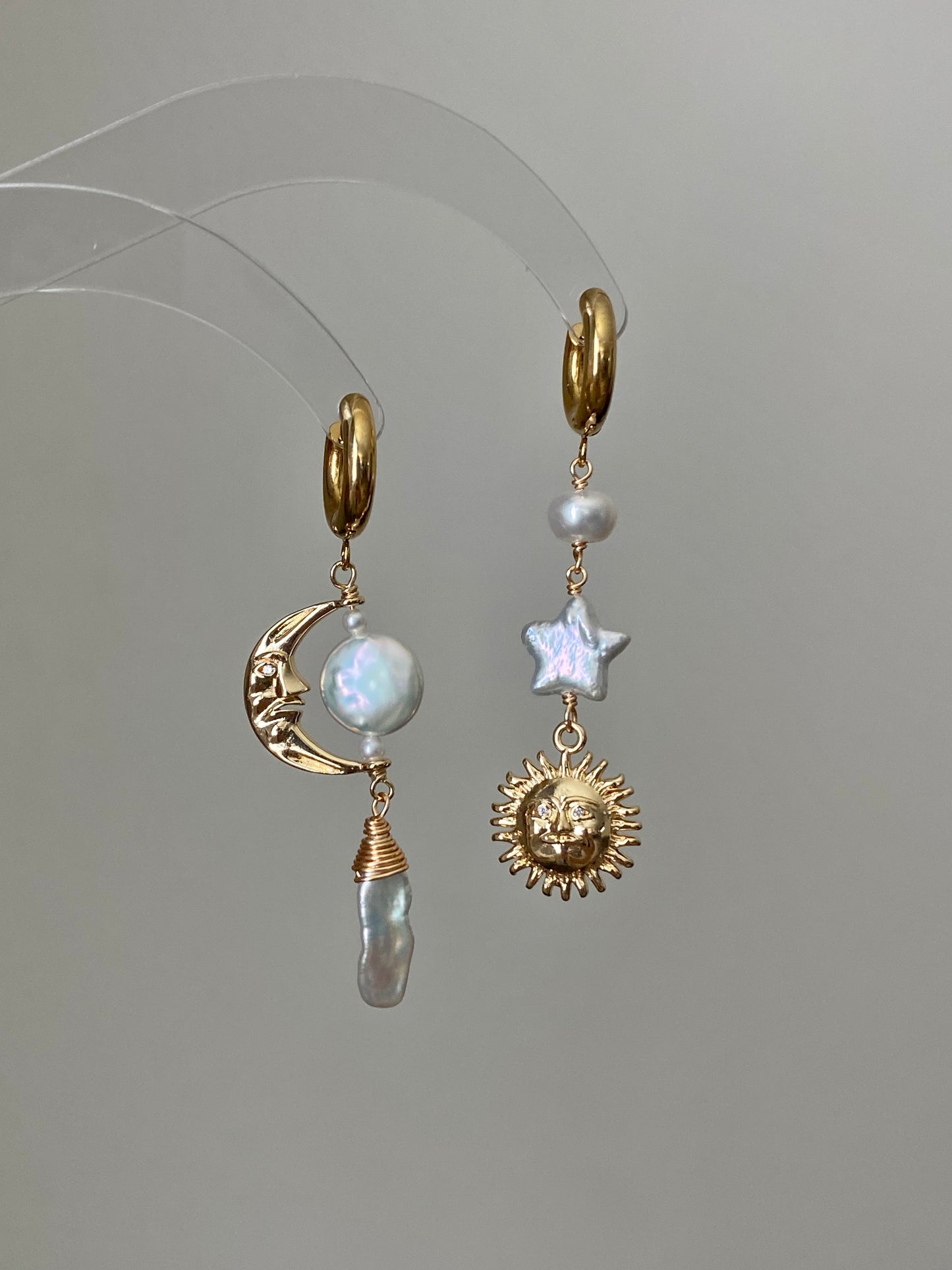 Sun Moon Baroque Pearl Asymmetrical Earrings Freshwater Pearl Earrings Celestial Jewelry Handmade Fairycore Bridesmaid Gift for Her