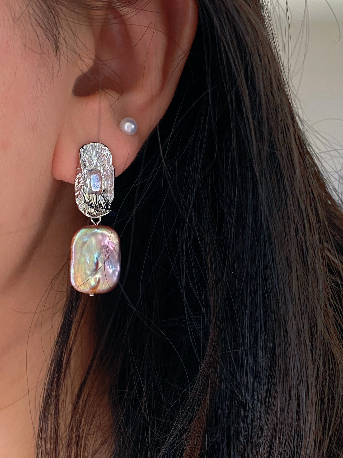 Asymmetrical Baroque Pearl Earrings Iridescent Rectangle Pearls Textured Silver Studs Minimalist Statement earring gift for her