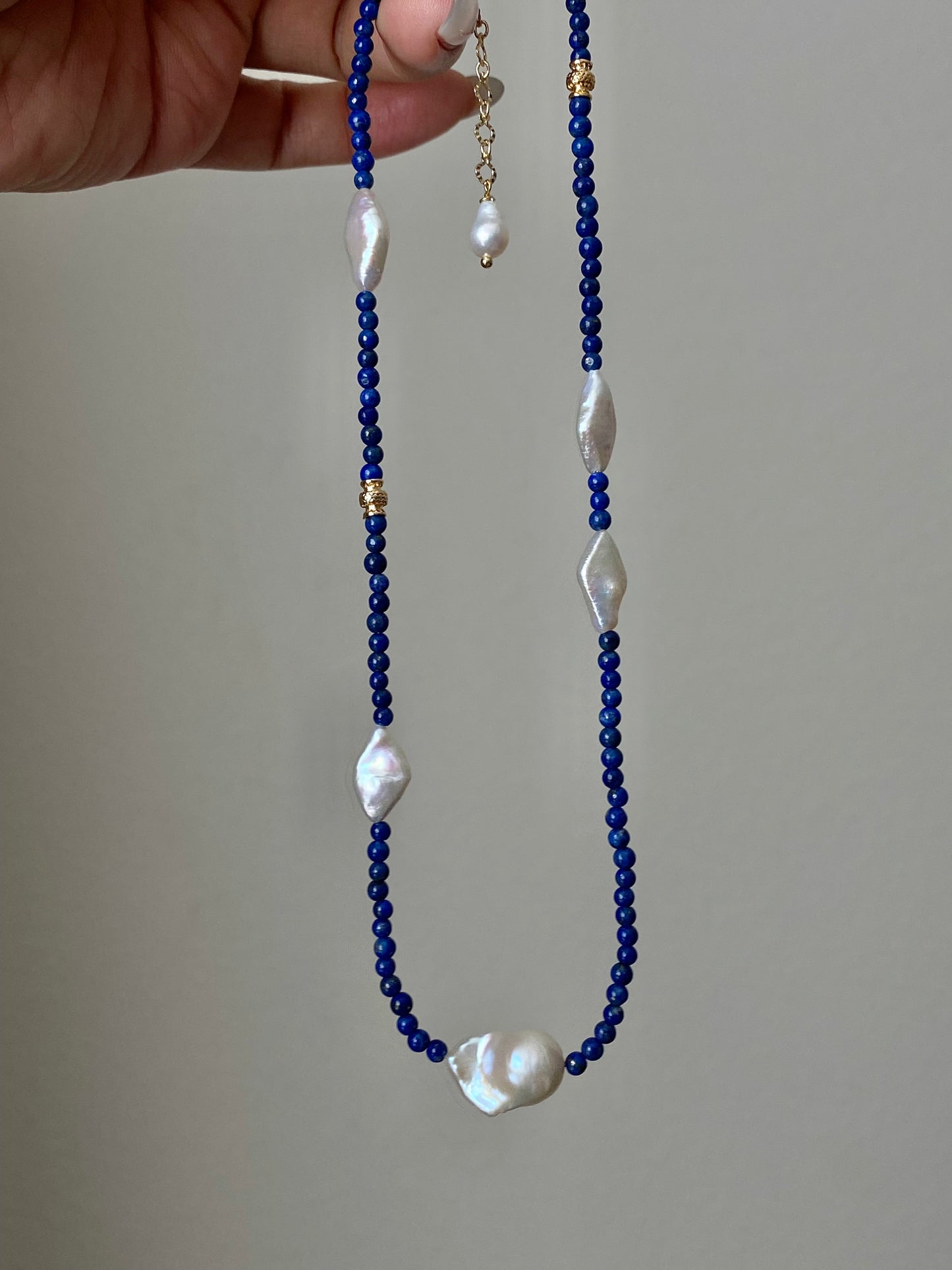 Lapis Lazuli and Diamond-Shaped Baroque Pearl Necklace | Fireball Baroque Pearl | Handmade Gift | Gift for Mom | Chocker Necklace