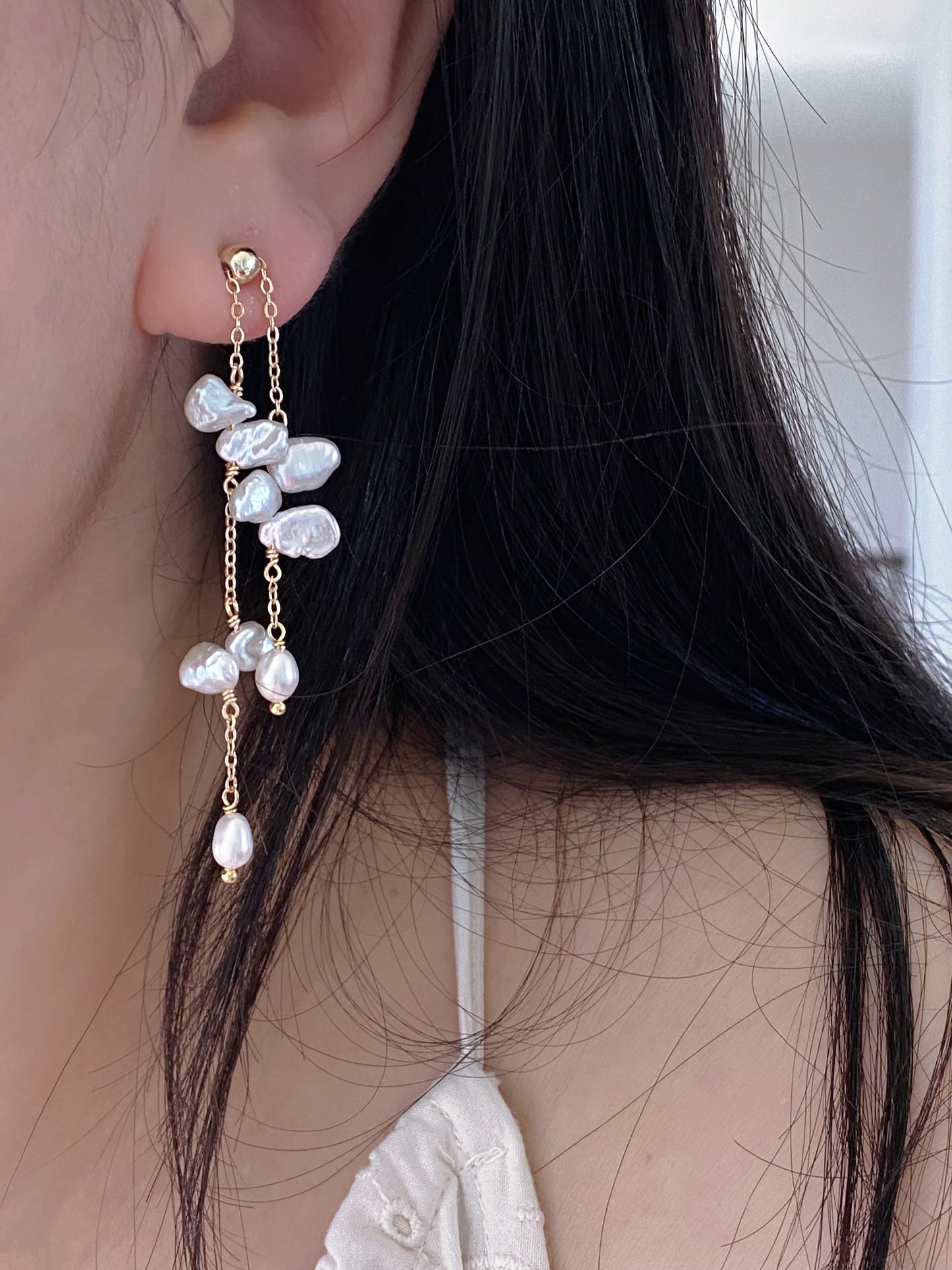 Handmade Baroque Petal Pearl Drop Earrings Adjustable Length Tassel Earrings Inspired by Wisteria Dainty romance Bridesmaid Gift for her