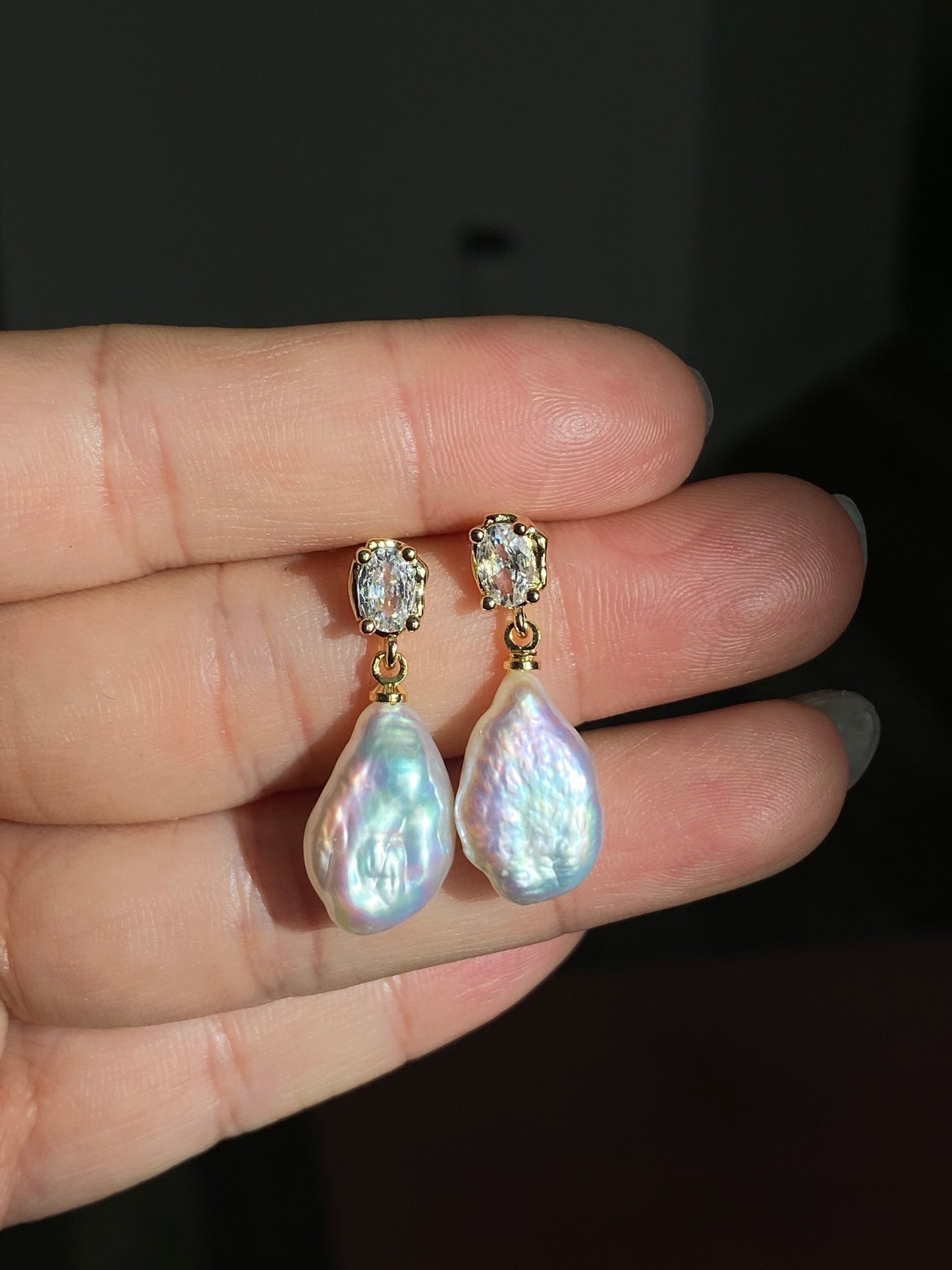 Elegant Rainbow luster Candy Bean Baroque Pearl Dangle Earrings Gold Zircon Dainty Drop Earring gift for her sparkling Wedding Earring