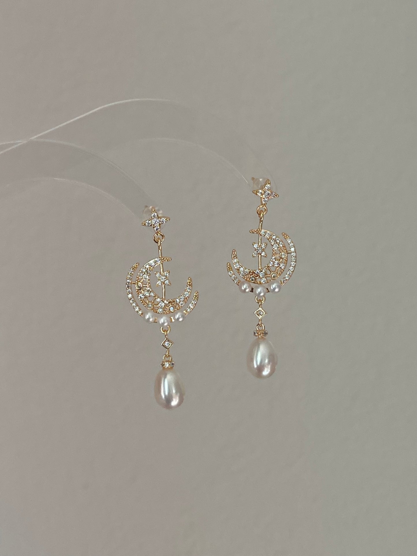 Star & Moon Pearl Dangle Earrings | High Luster Bridal Jewelry | 18K Gold Plated - Jinger Crafting