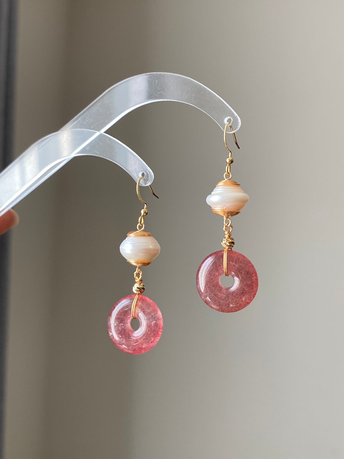 Handmade Vintage Strawberry Quartz Baroque Pearl Earrings 14K Gold Wire Wrapped Dangle Elegant Daily Earrings Bridesmaid Gift for her