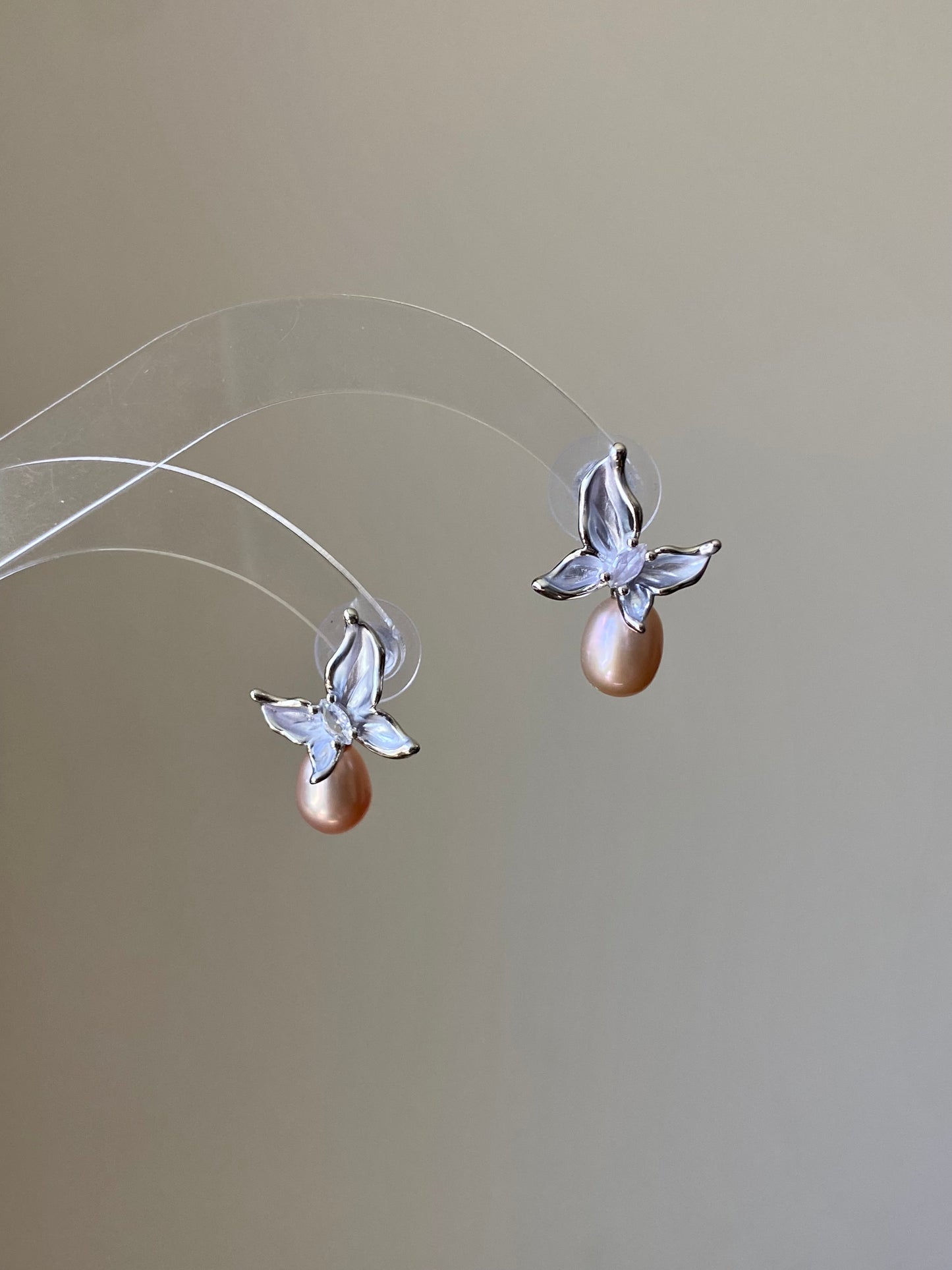 Handmade Dainty Butterfly Enamel Pearl Earrings Pink Drop Pearl Earrings Elegant Butterfly Studs Bridesmaid Gift for Her mothers day gift