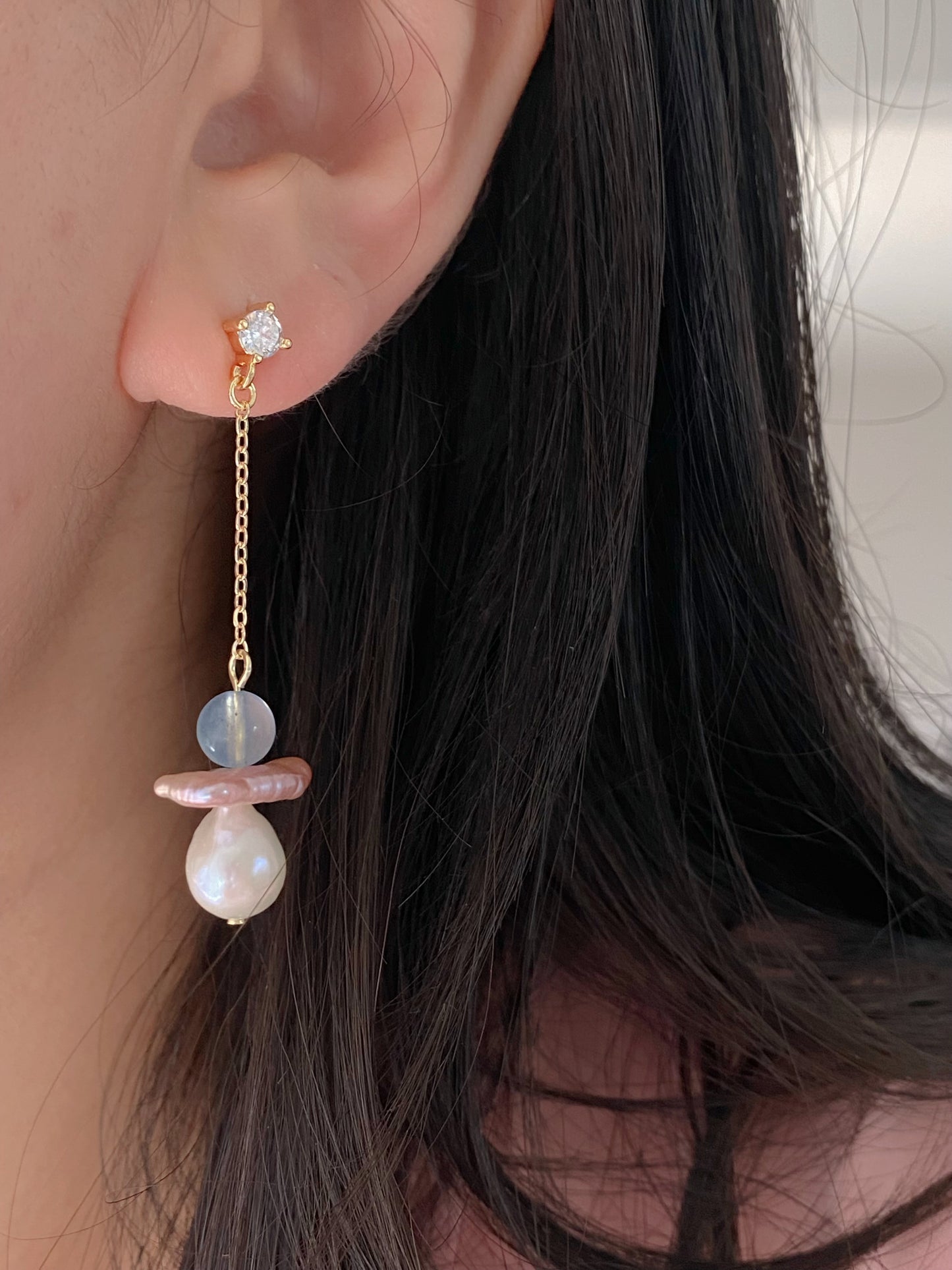 Celestial Angel Pearl Earrings, Aquamarine Baroque Pearl Dangle Earrings, Gold Drop Earrings, Handmade earring Gift for Her Bridesmaid Gift