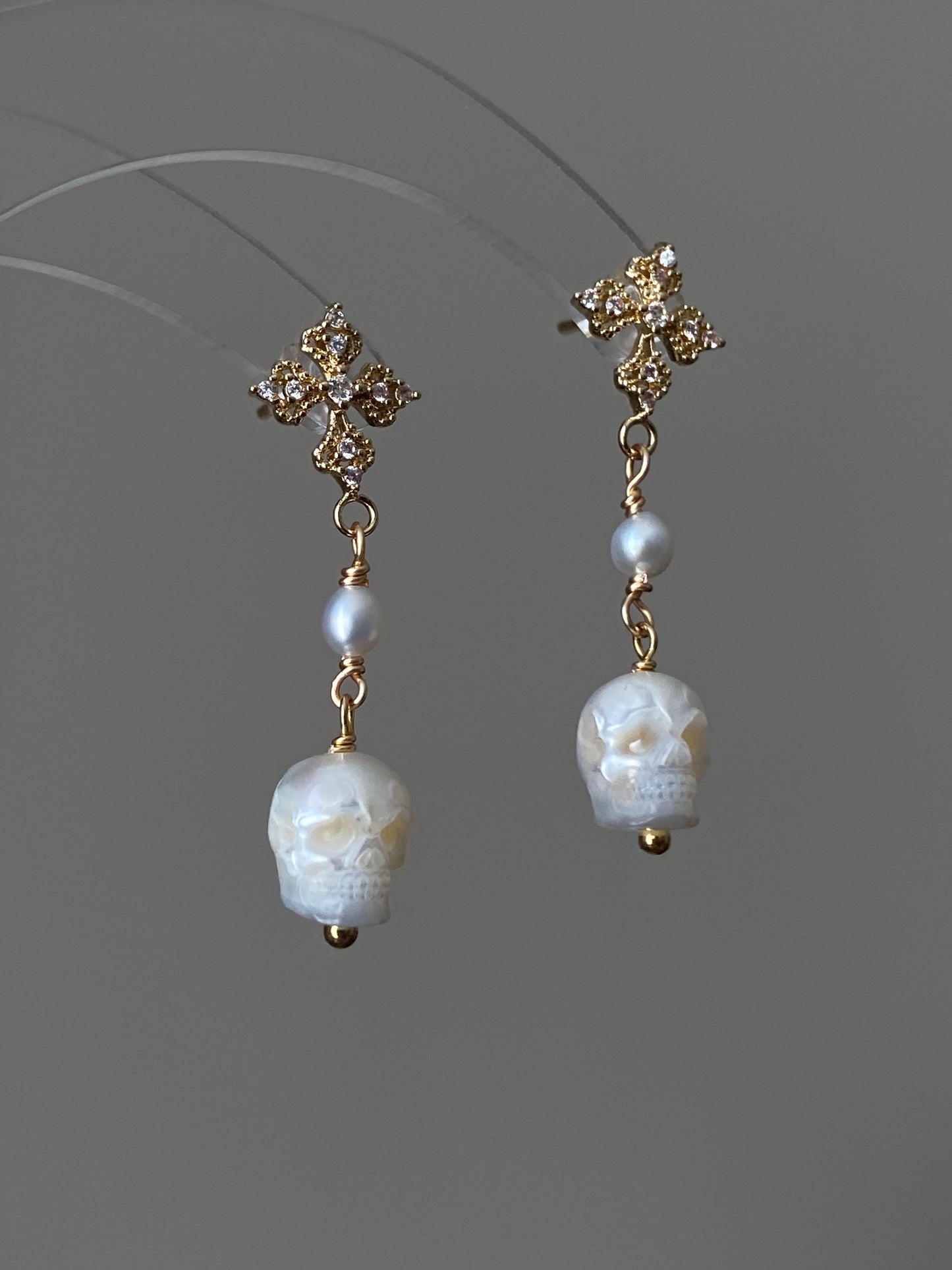 Gothic Hand carving Skull Pearl Earrings Cross Dangle Earrings Baroque Pearl stud earring Halloween earring Statement Earrings gift for her