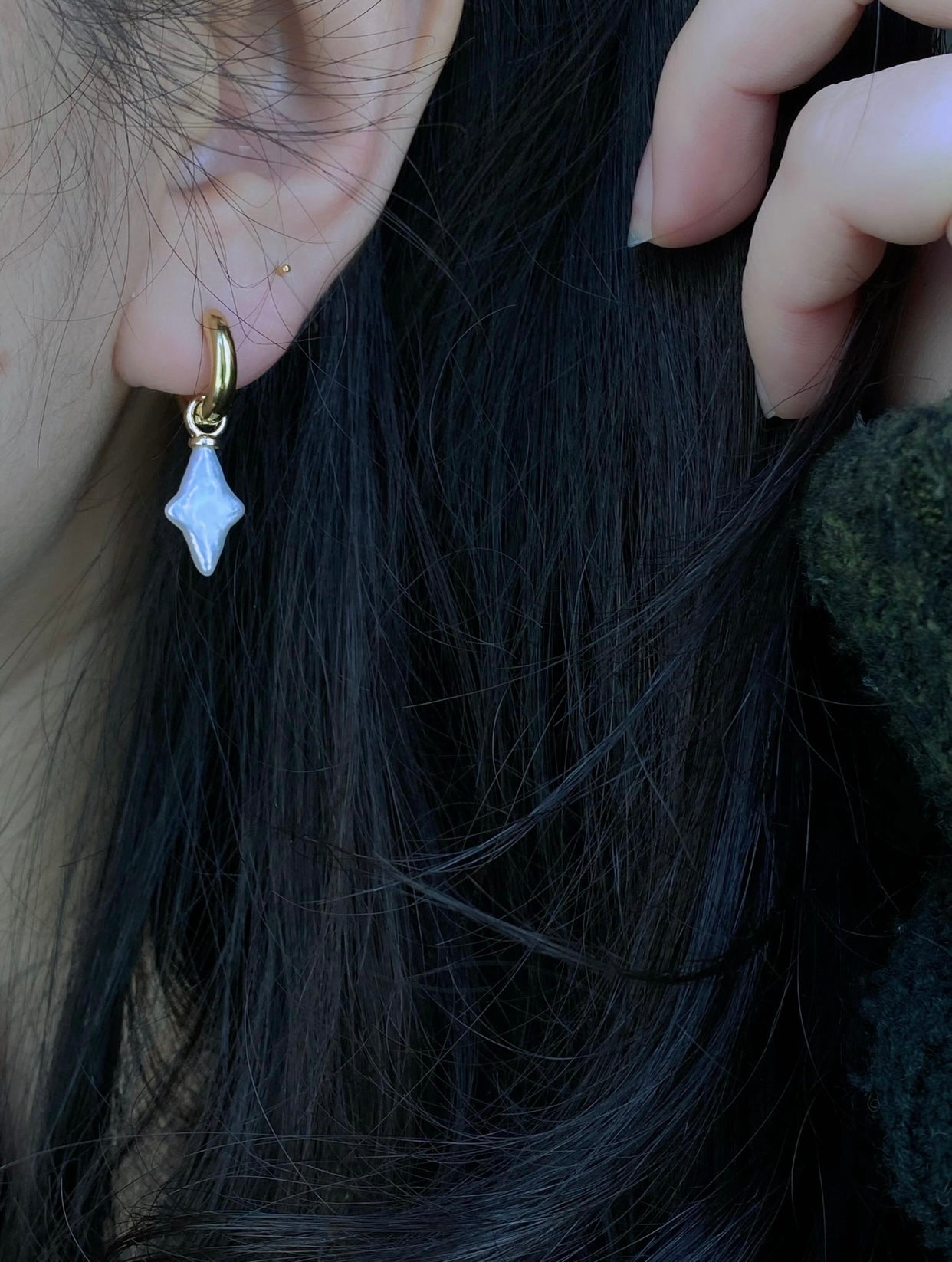 Dainty pearl cross star earrings 14k gold studs-Pearl cross star Minimalism dangle earrings cross star Bridesmaid Gift for her anniversar