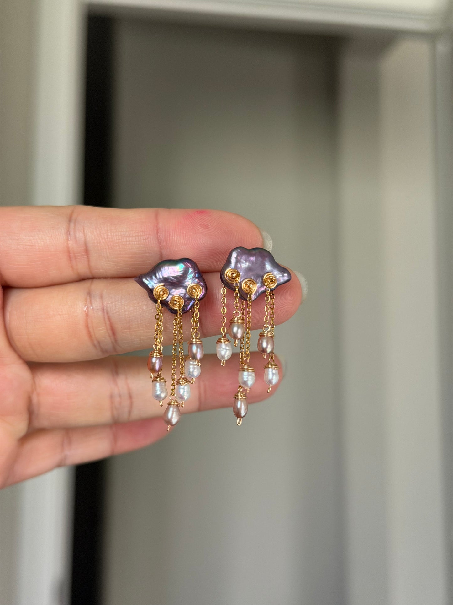 Midnight Deluge Hand-Drilled Pearl Cloud Earrings | Hand-woven Raindrop Jewelry