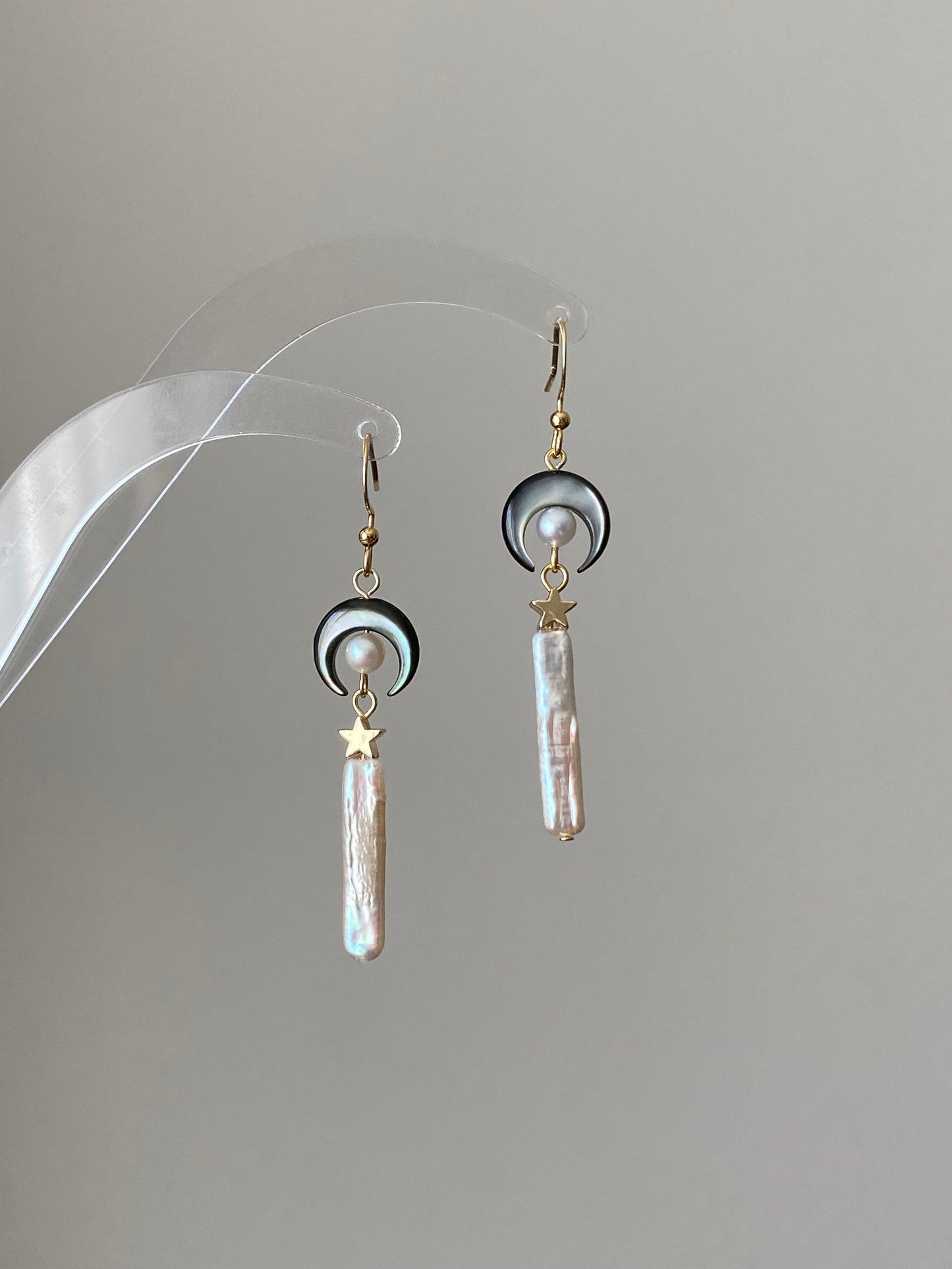 Moon Mother-of-Pearl and Baroque Stick Pearl Earrings – Celestial Mythology Dangle Earrings – Handmade Star and Crescent Moon Jewelry