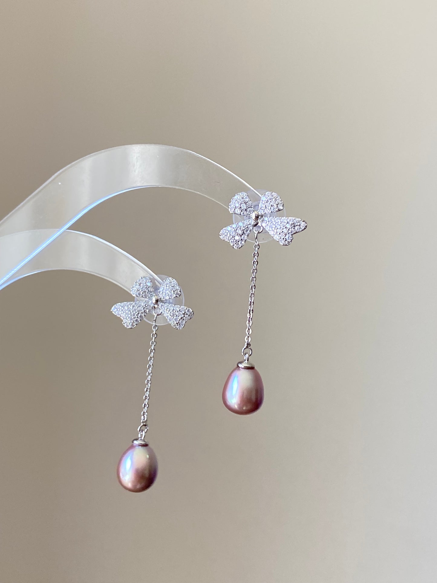Sparkling Bow Pearl Drop Earrings Purple pink water drop Dangle Earrings | Romantic Wedding Jewelry Bridesmaid Gift Dainty Gift for Her