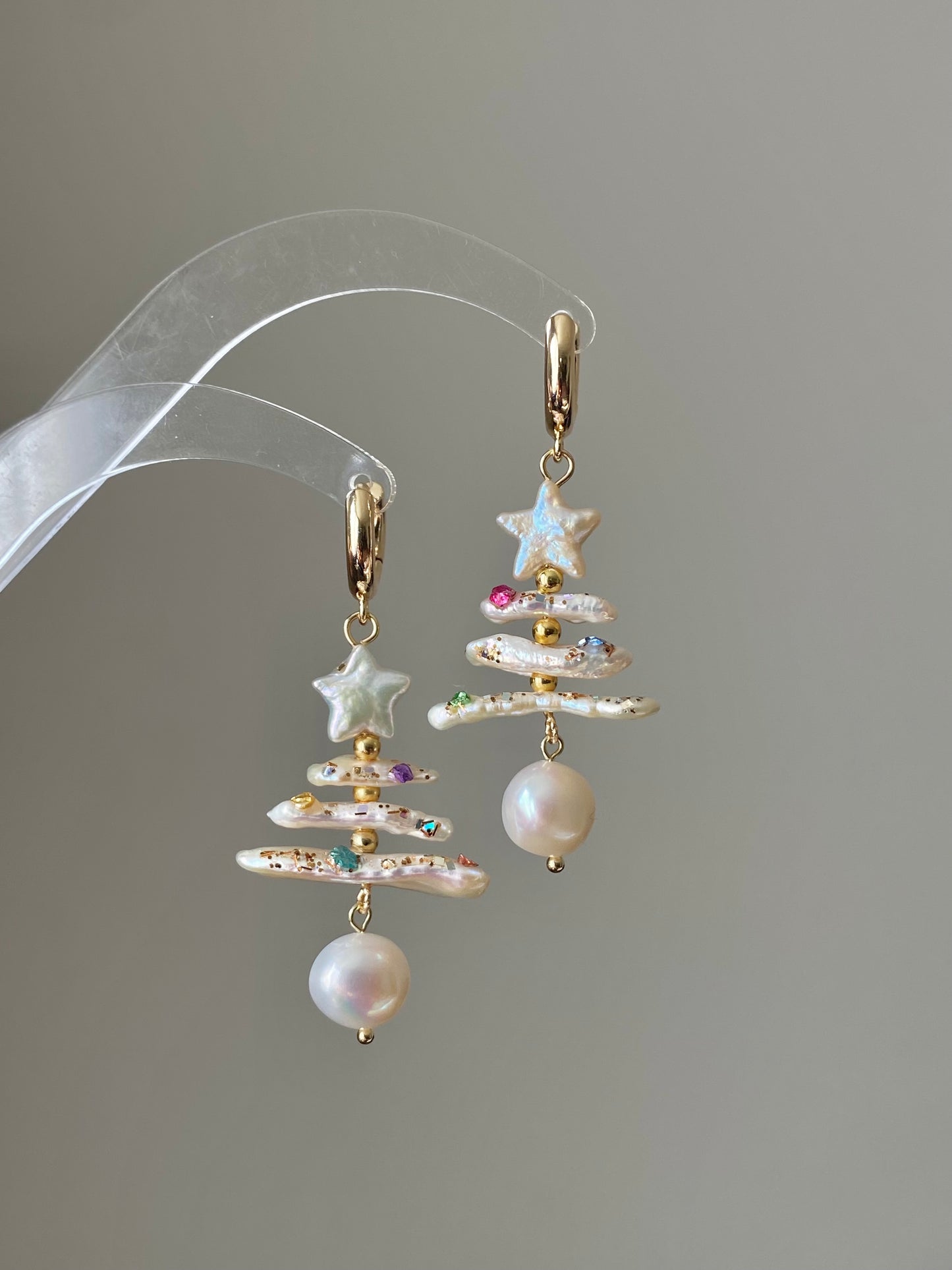 Natural baroque star pearl biwa pipa christmas tree dangle earring