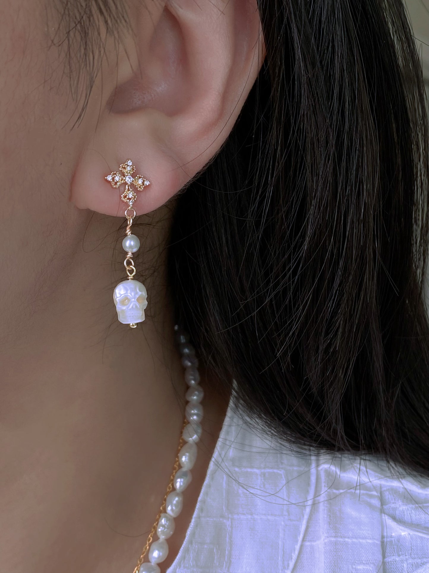 Gothic Hand carving Skull Pearl Earrings Cross Dangle Earrings Baroque Pearl stud earring Halloween earring Statement Earrings gift for her