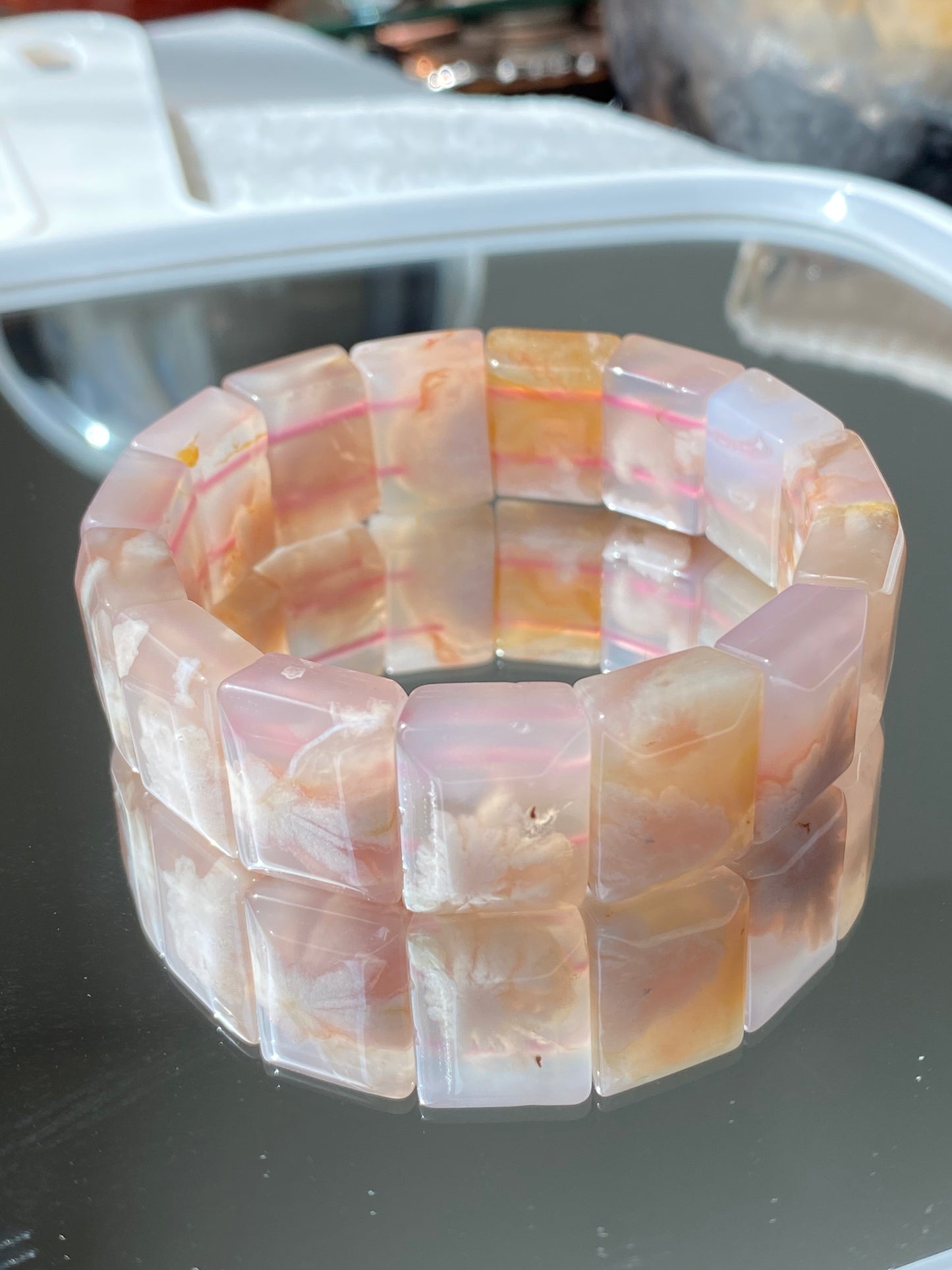 AAAA Clear colorful Grade Nature Sakura Agate cherry blossom flower agate Rectangle bangle bracelet,gift for her