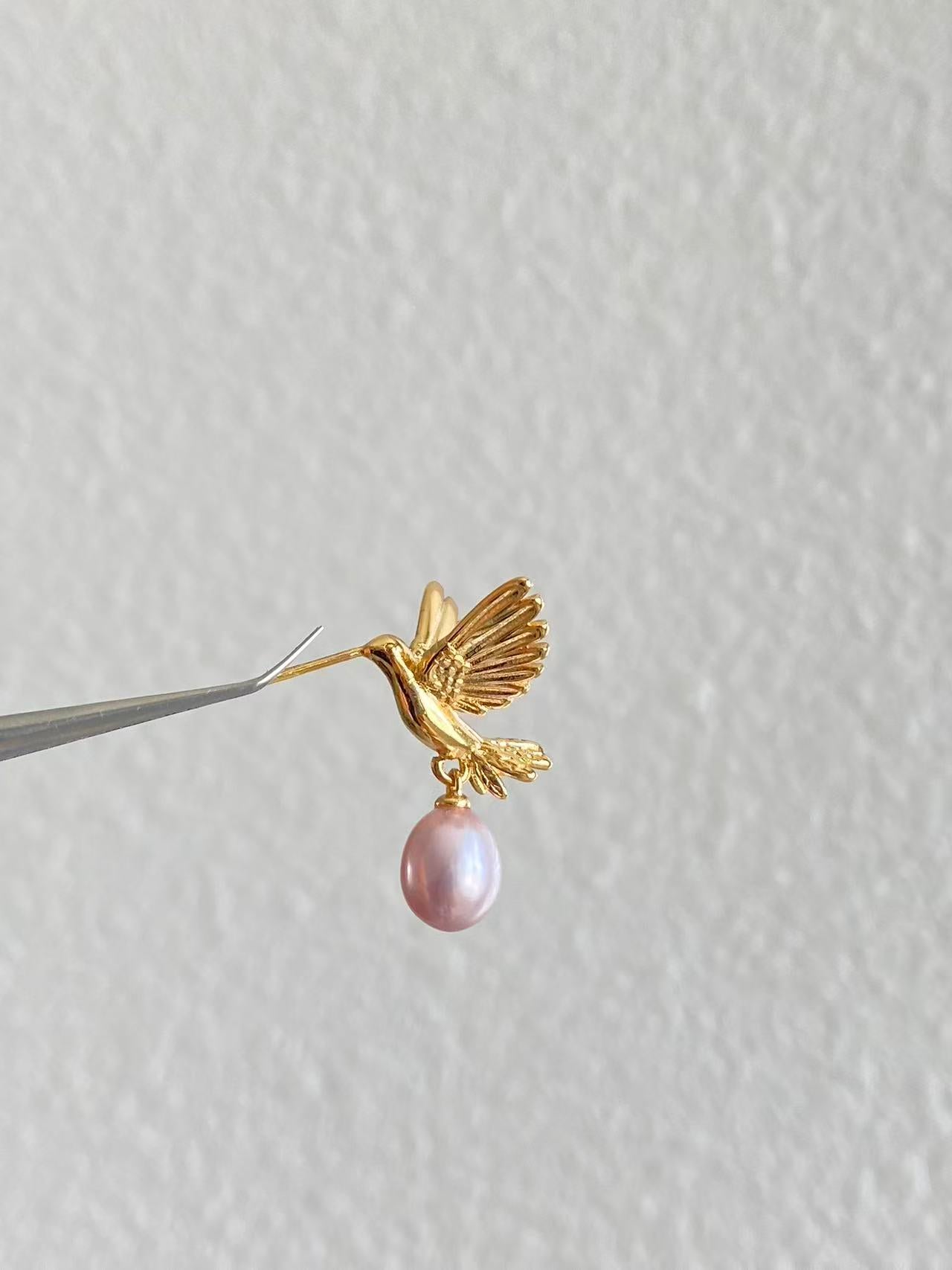 Gold Hummingbird Pearl Drop Earrings Nature Inspired Jewelry