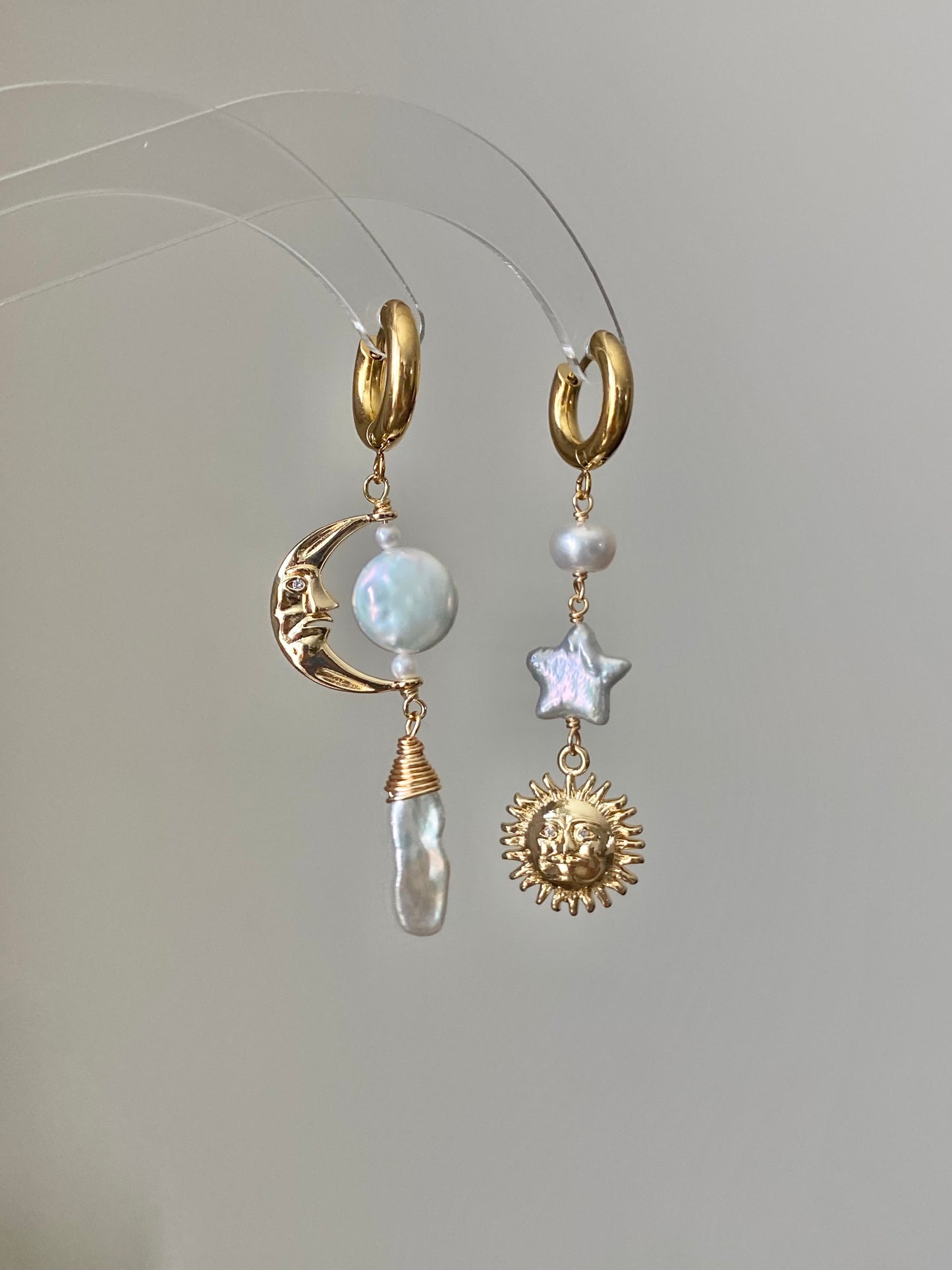 Sun Moon Baroque Pearl Asymmetrical Earrings Freshwater Pearl Earrings Celestial Jewelry Handmade Fairycore Bridesmaid Gift for Her