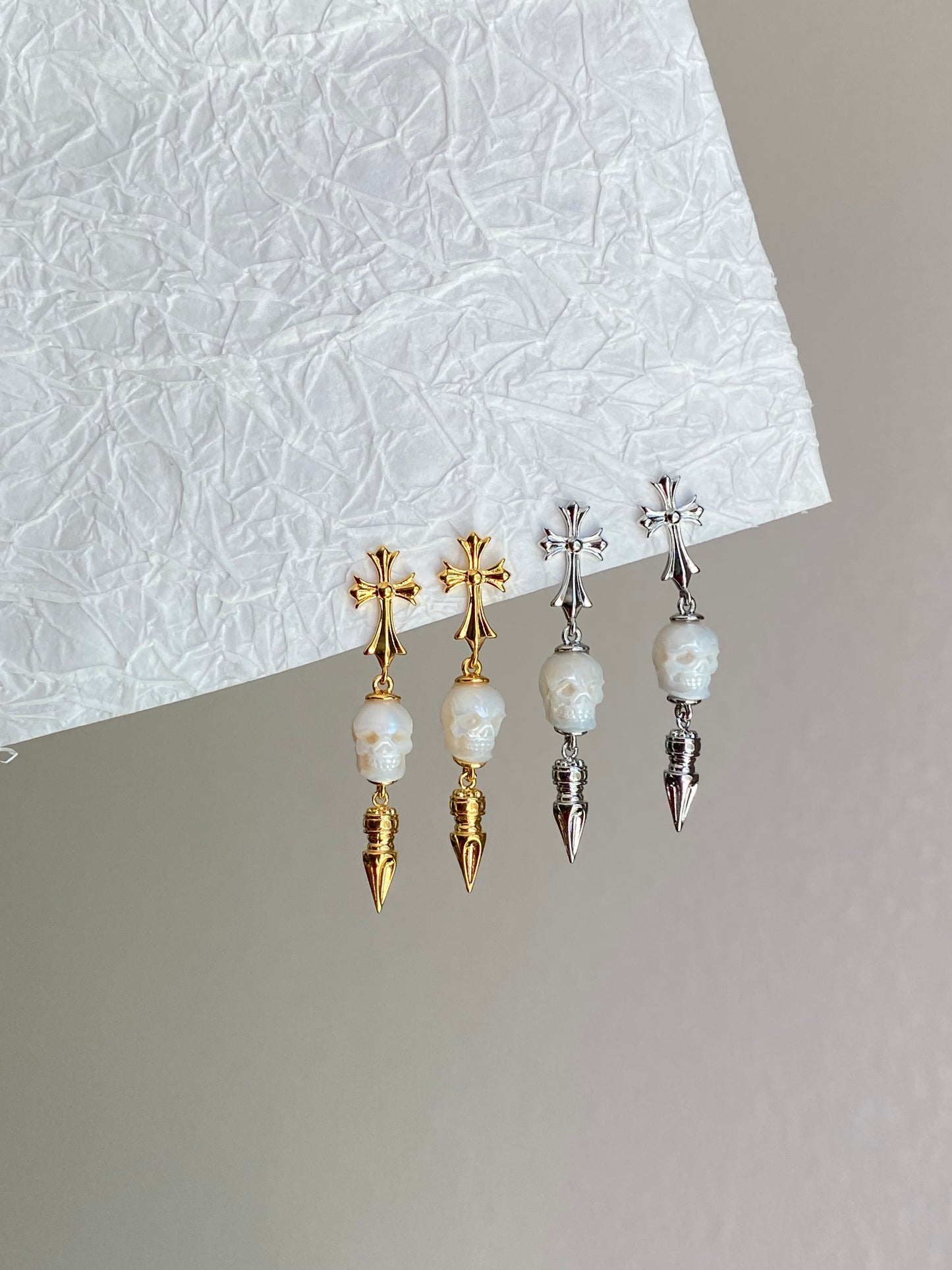 Hand-Carved Skull Pearl Cross Drop Earrings Gothic Pearl Spike Earrings Everyday Edge Halloween Bold Dard Limited edition gift for him