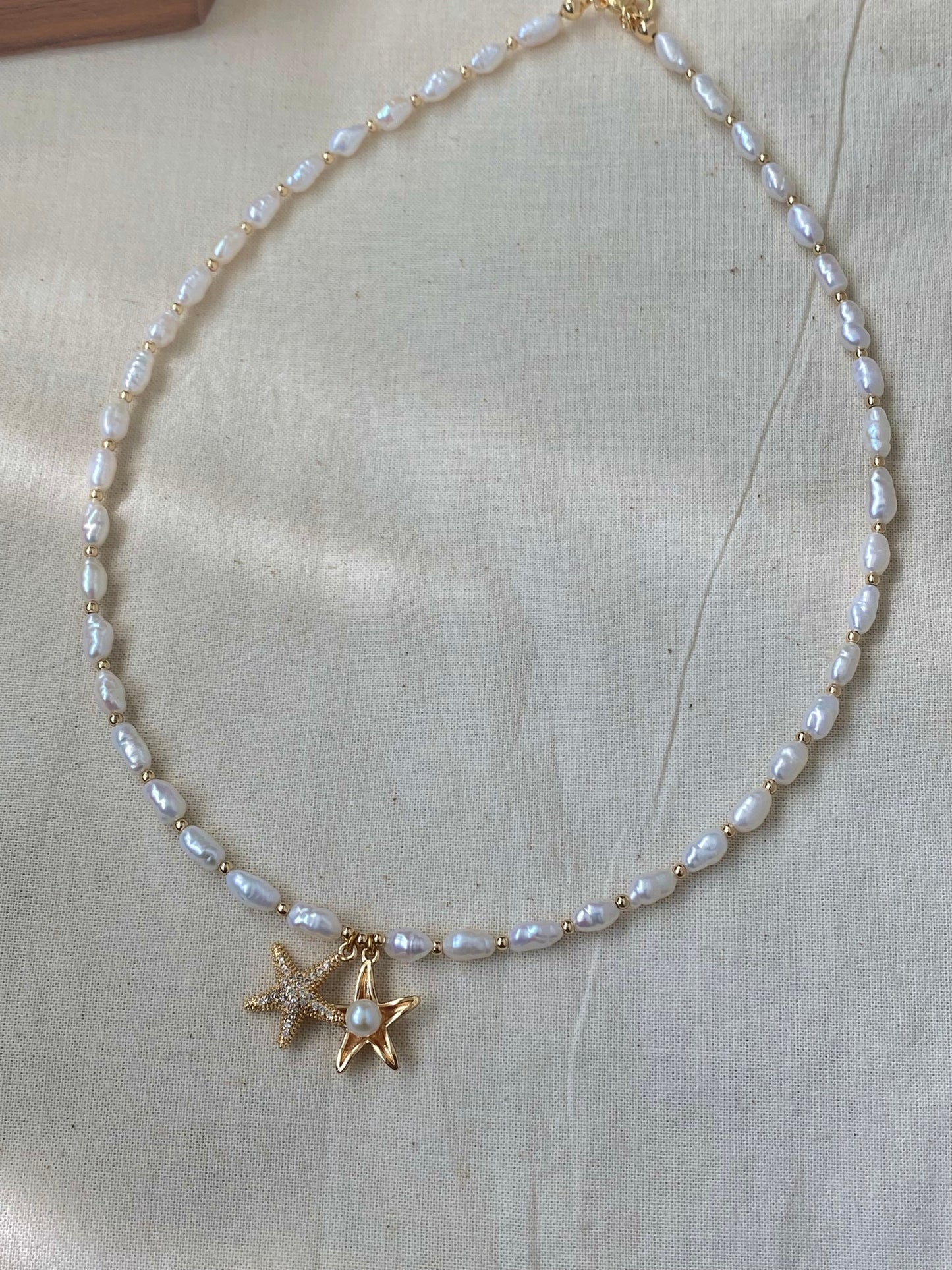 Minimalist Baroque Keshi Pearl Gold Bead Starfish Necklace High Luster Dainty Pearl Layering beach Necklace Bridesmaid Gift for her