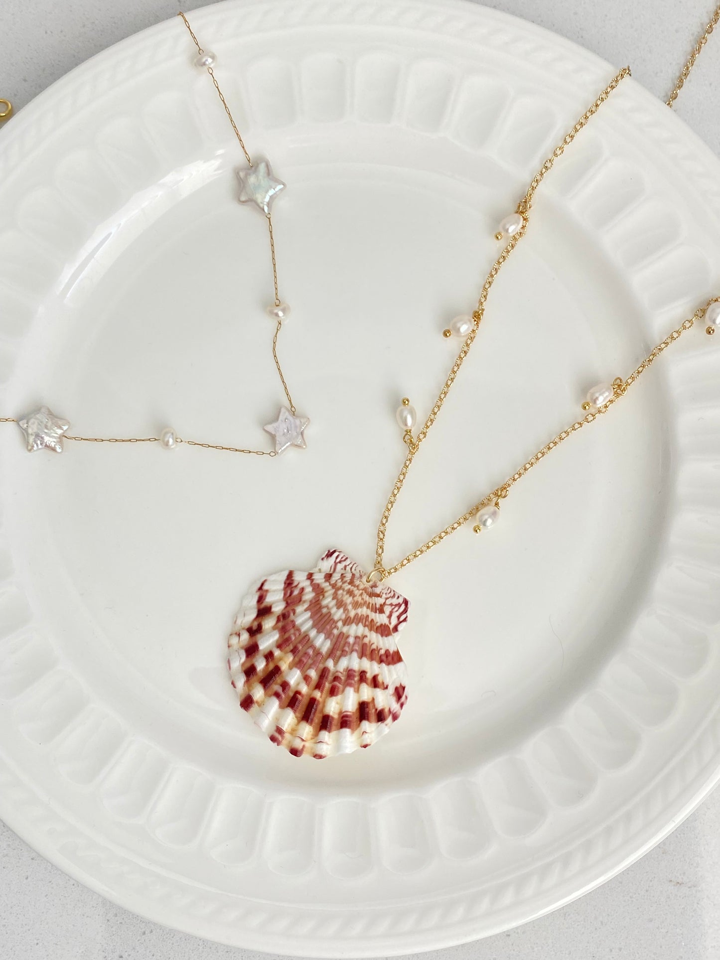 Handmade Reversible Seashell Pendant long Necklace – Ocean Fantasy with Pearls and Charms summer gift for her birthday gift anniversary gift