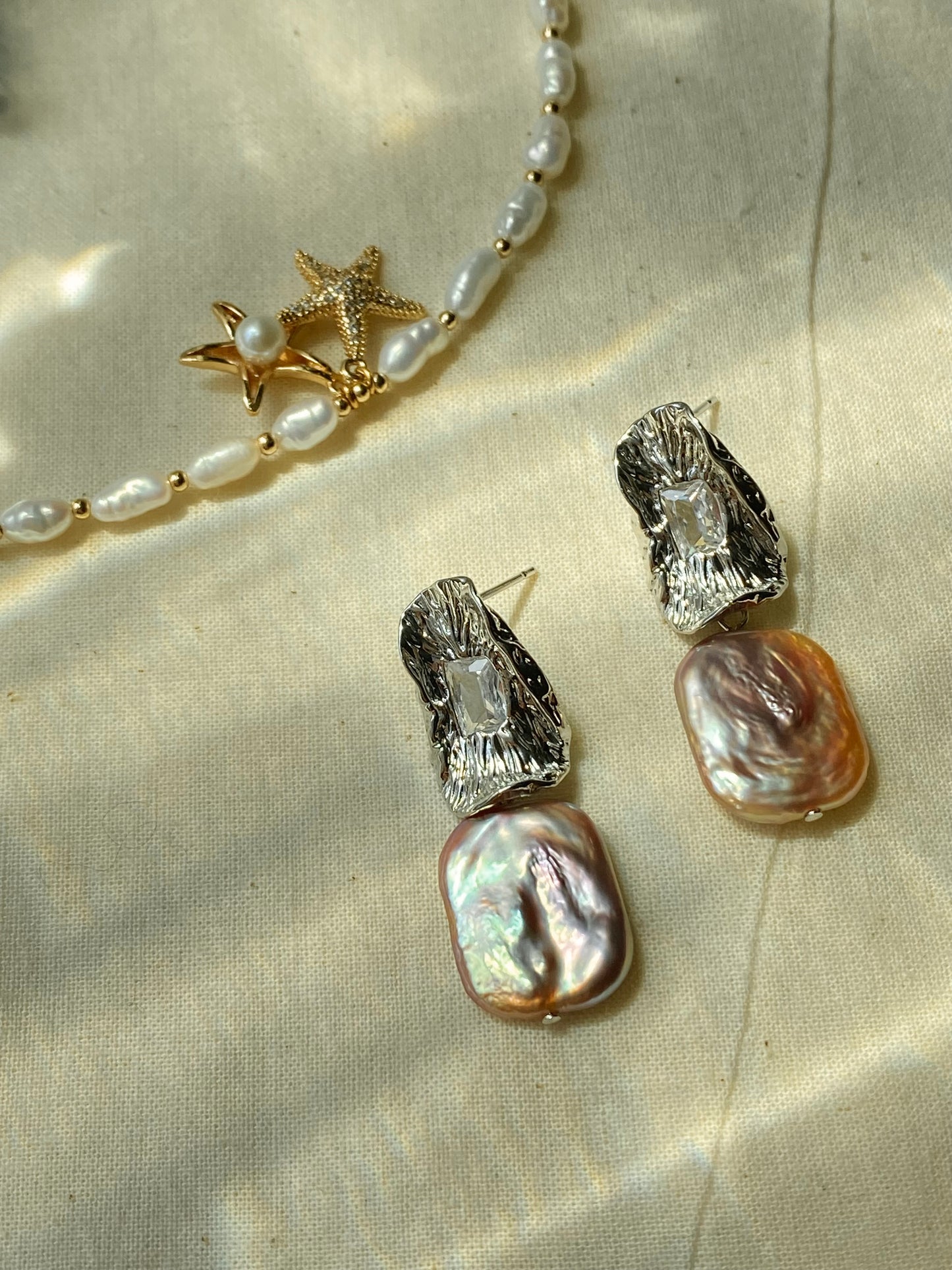 Asymmetrical Baroque Pearl Earrings Iridescent Rectangle Pearls Textured Silver Studs Minimalist Statement earring gift for her