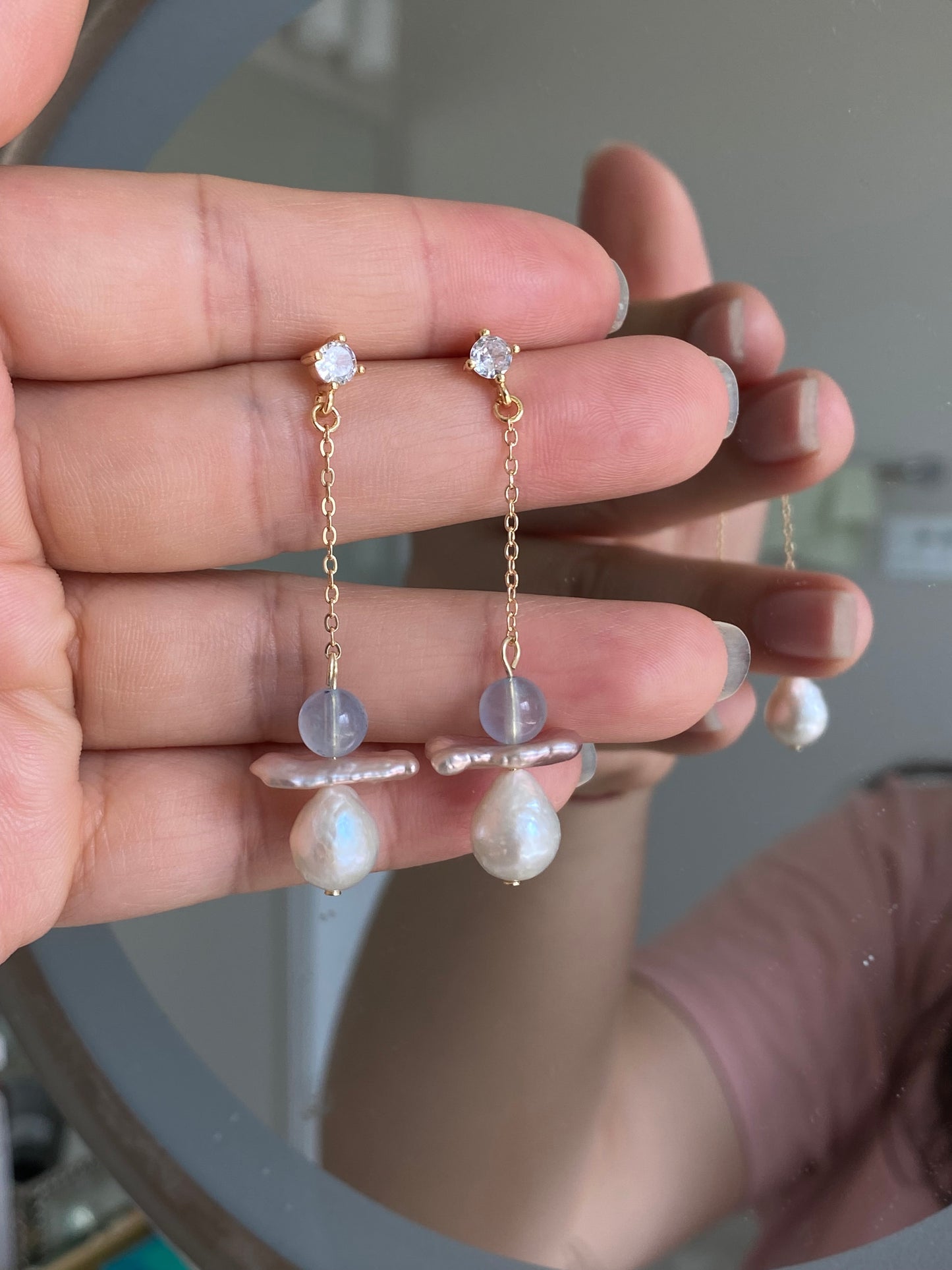 Celestial Angel Pearl Earrings, Aquamarine Baroque Pearl Dangle Earrings, Gold Drop Earrings, Handmade earring Gift for Her Bridesmaid Gift