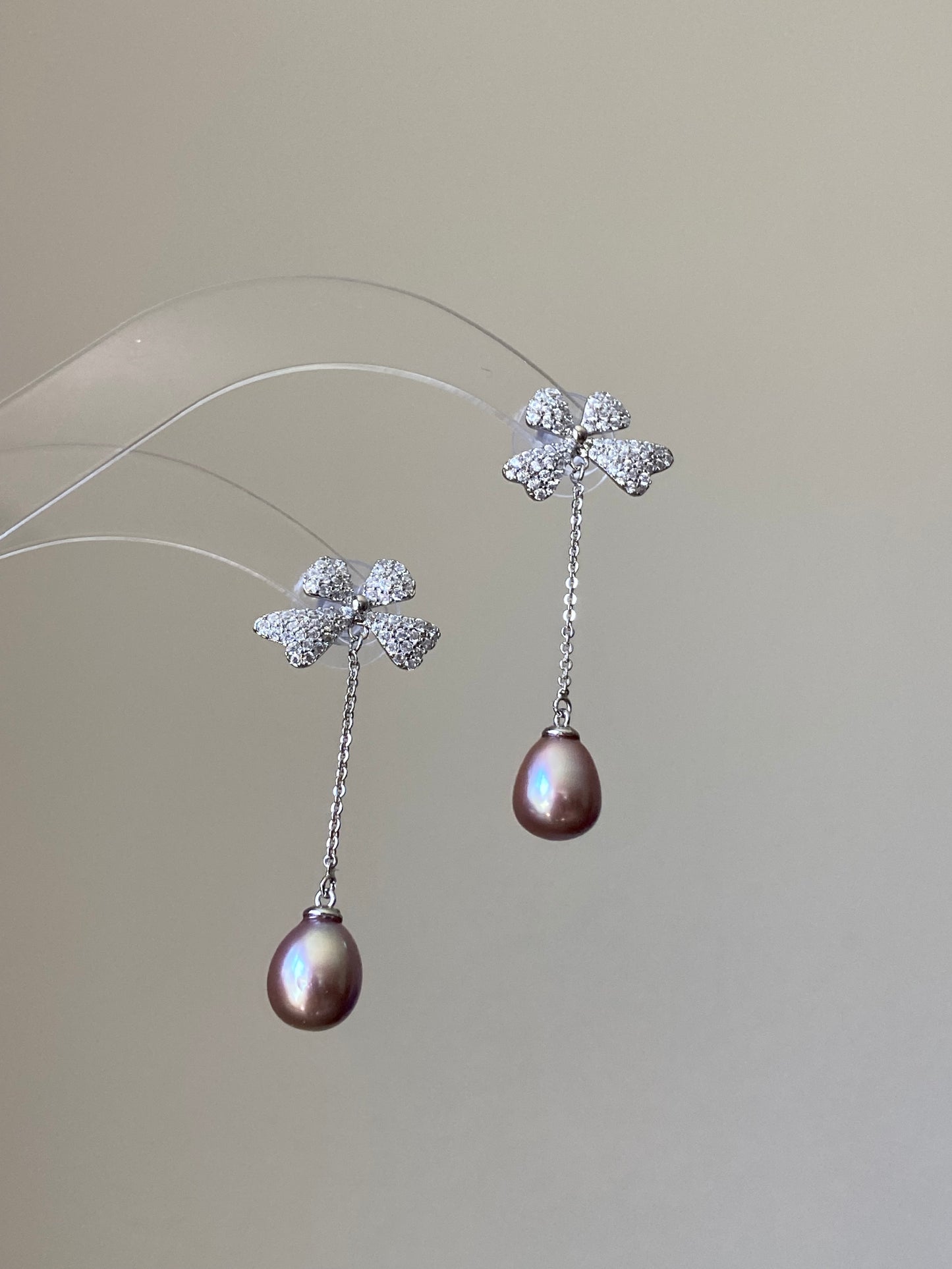 Sparkling Bow Pearl Drop Earrings Purple pink water drop Dangle Earrings | Romantic Wedding Jewelry Bridesmaid Gift Dainty Gift for Her