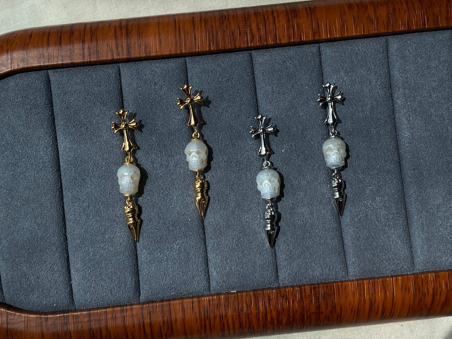 Hand-Carved Skull Pearl Cross Drop Earrings Gothic Pearl Spike Earrings Everyday Edge Halloween Bold Dard Limited edition gift for him