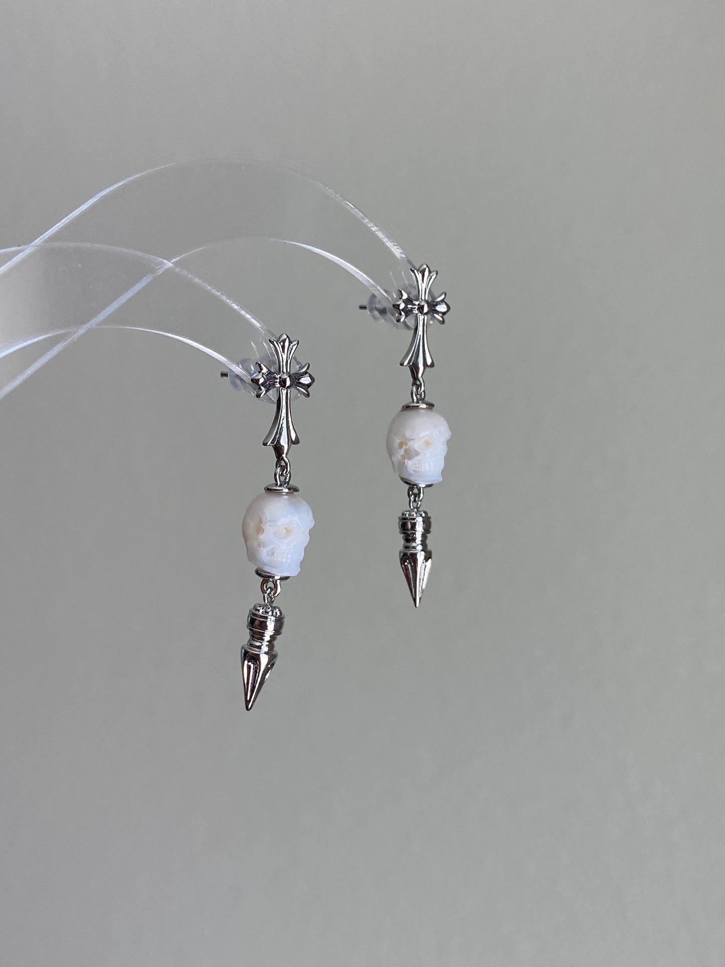 Hand-Carved Skull Pearl Cross Drop Earrings Gothic Pearl Spike Earrings Everyday Edge Halloween Bold Dard Limited edition gift for him