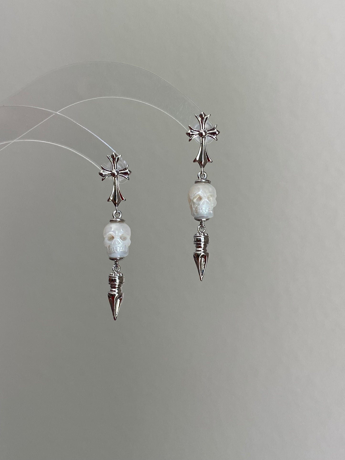 Hand-Carved Skull Pearl Cross Drop Earrings Gothic Pearl Spike Earrings Everyday Edge Halloween Bold Dard Limited edition gift for him