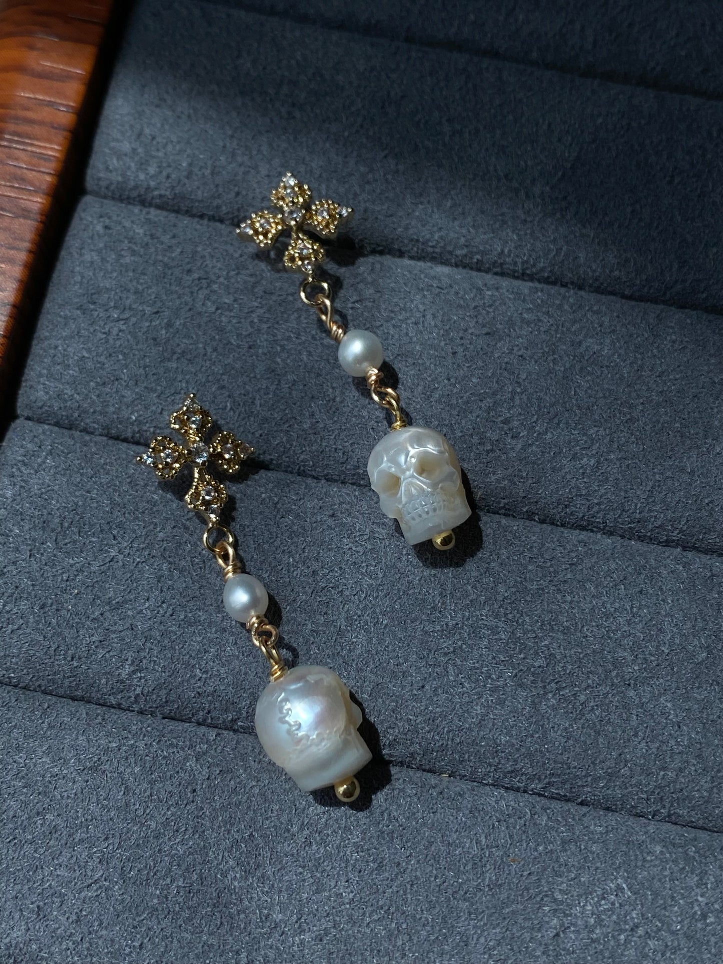 Gothic Hand carving Skull Pearl Earrings Cross Dangle Earrings Baroque Pearl stud earring Halloween earring Statement Earrings gift for her