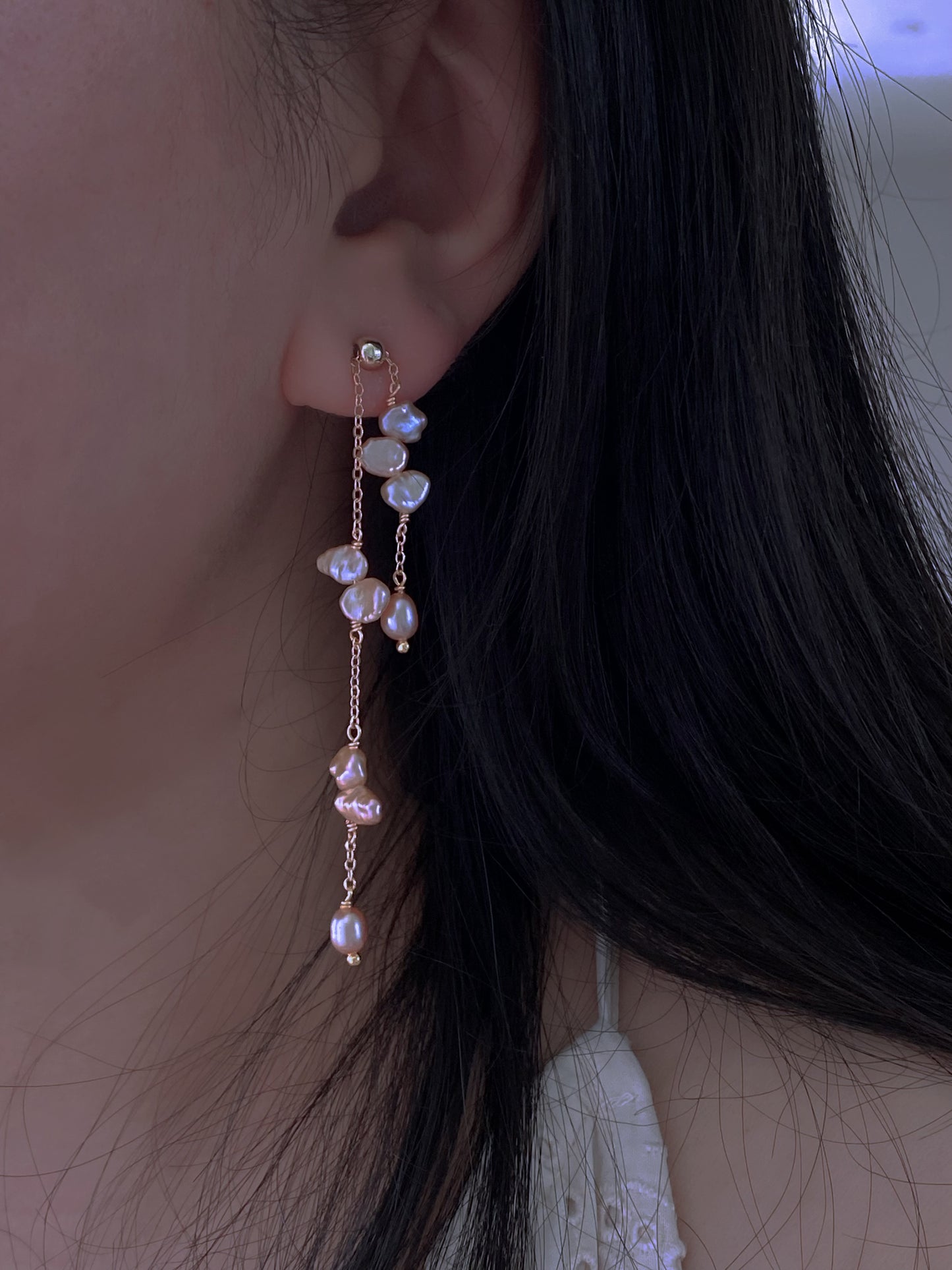 Handmade Baroque Petal Pearl Drop Earrings Adjustable Length Tassel Earrings Inspired by Wisteria Dainty romance Bridesmaid Gift for her