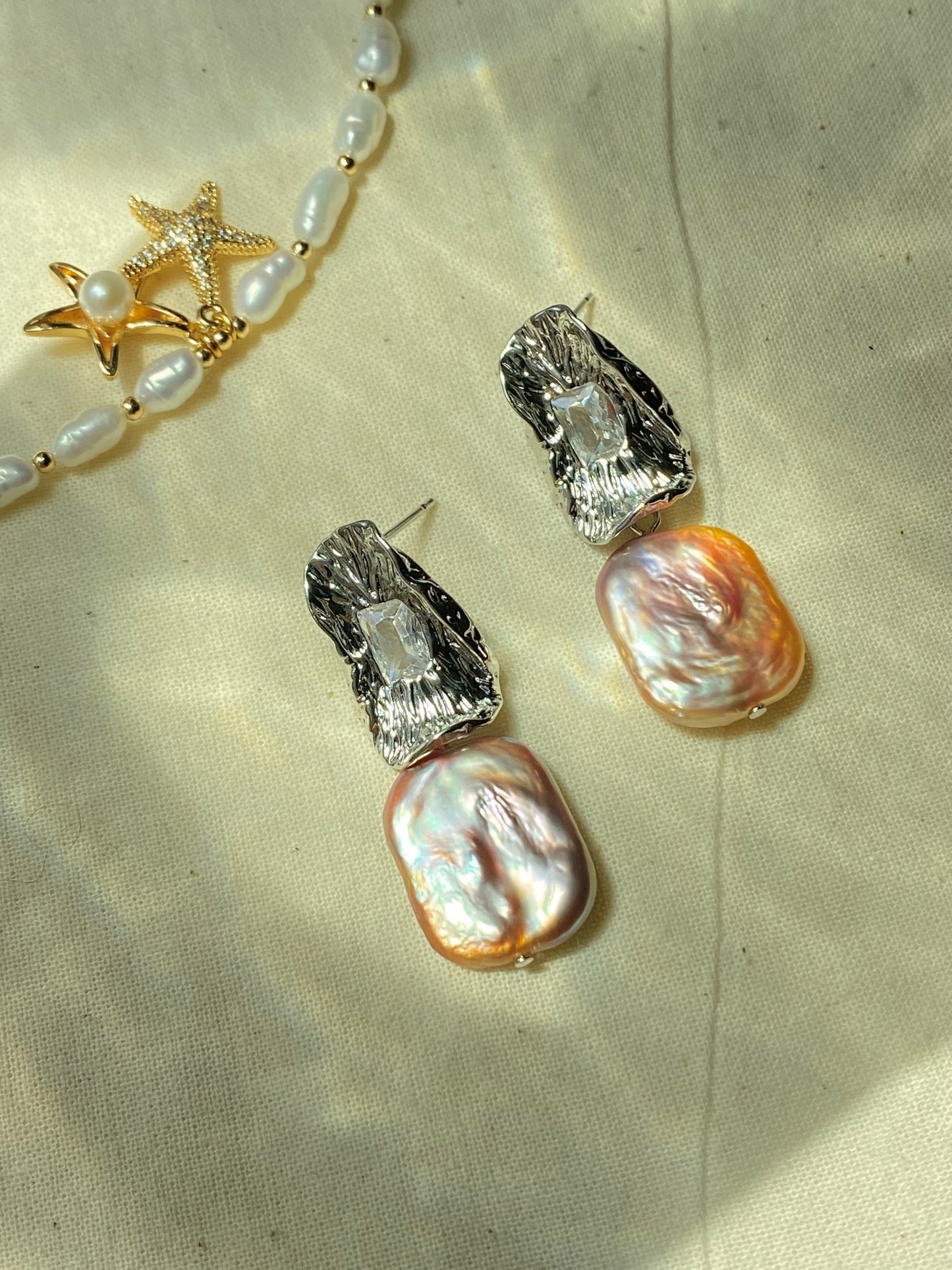 Asymmetrical Baroque Pearl Earrings Iridescent Rectangle Pearls Textured Silver Studs Minimalist Statement earring gift for her