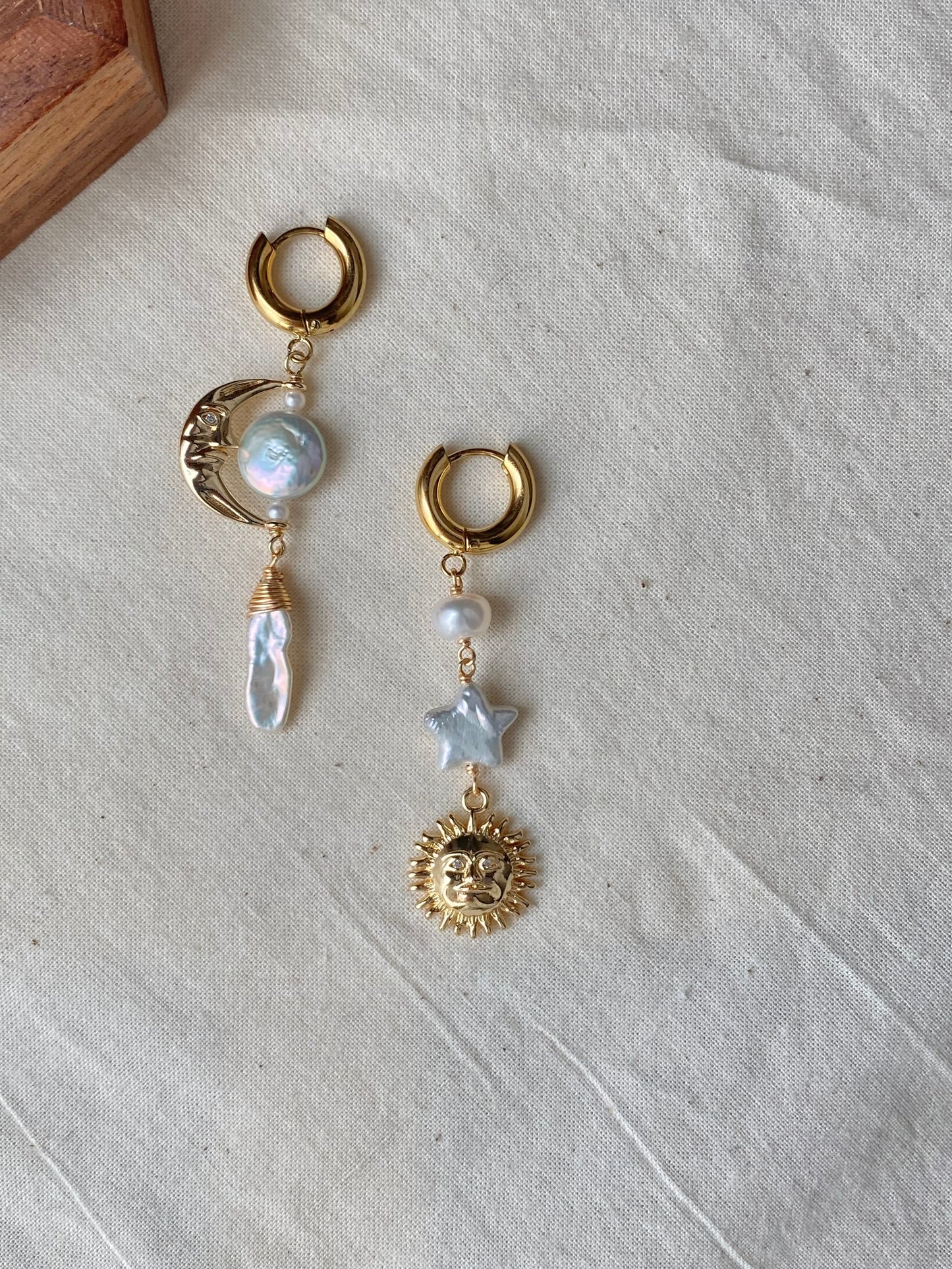 Sun Moon Baroque Pearl Asymmetrical Earrings Freshwater Pearl Earrings Celestial Jewelry Handmade Fairycore Bridesmaid Gift for Her