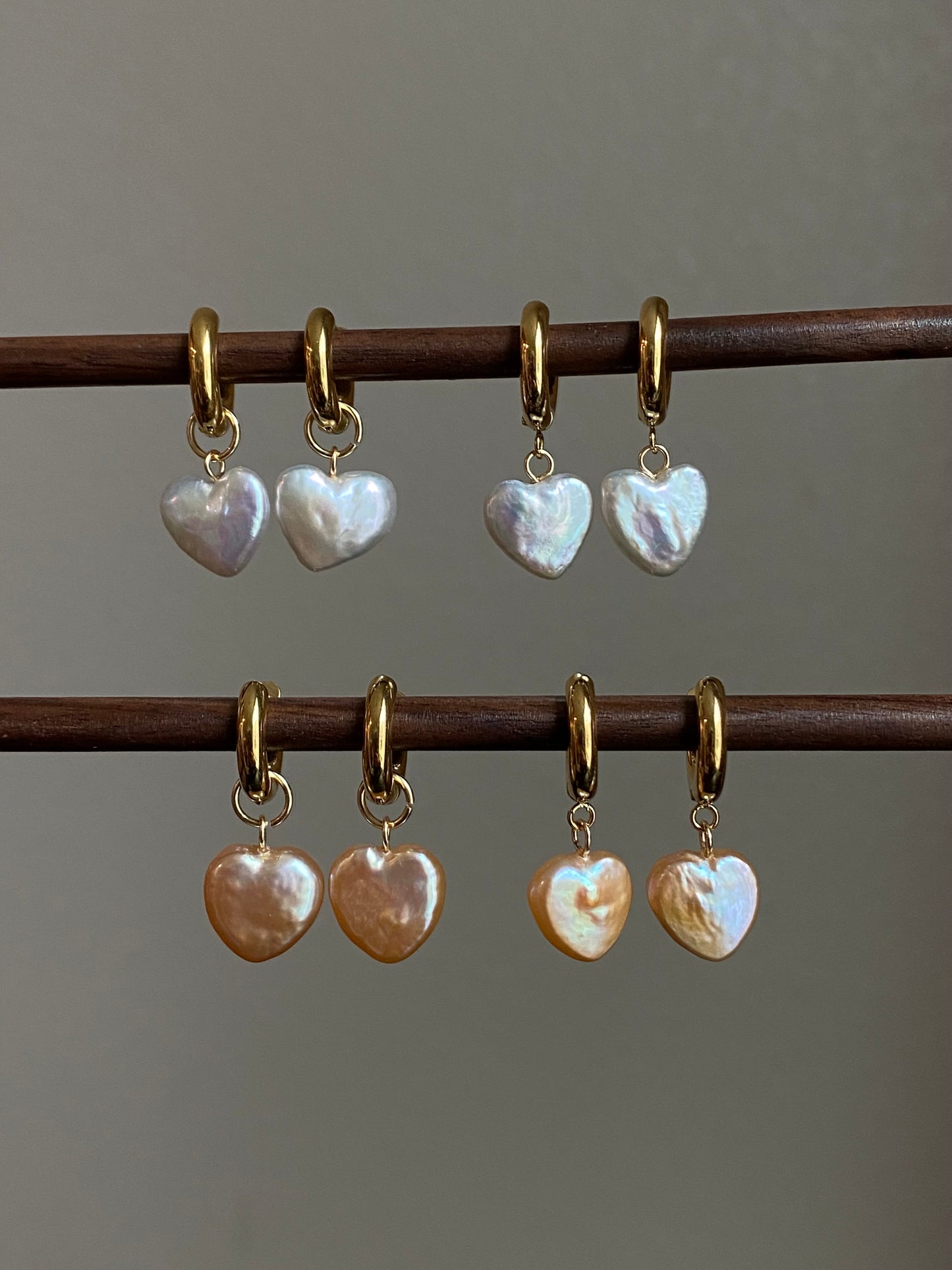 Dainty pearl Heart earrings on 14k gold studs-Pearl Heart Minimalism dangle earrings-Heart Jewelry Set-Heart necklace Bridesmaid Gift